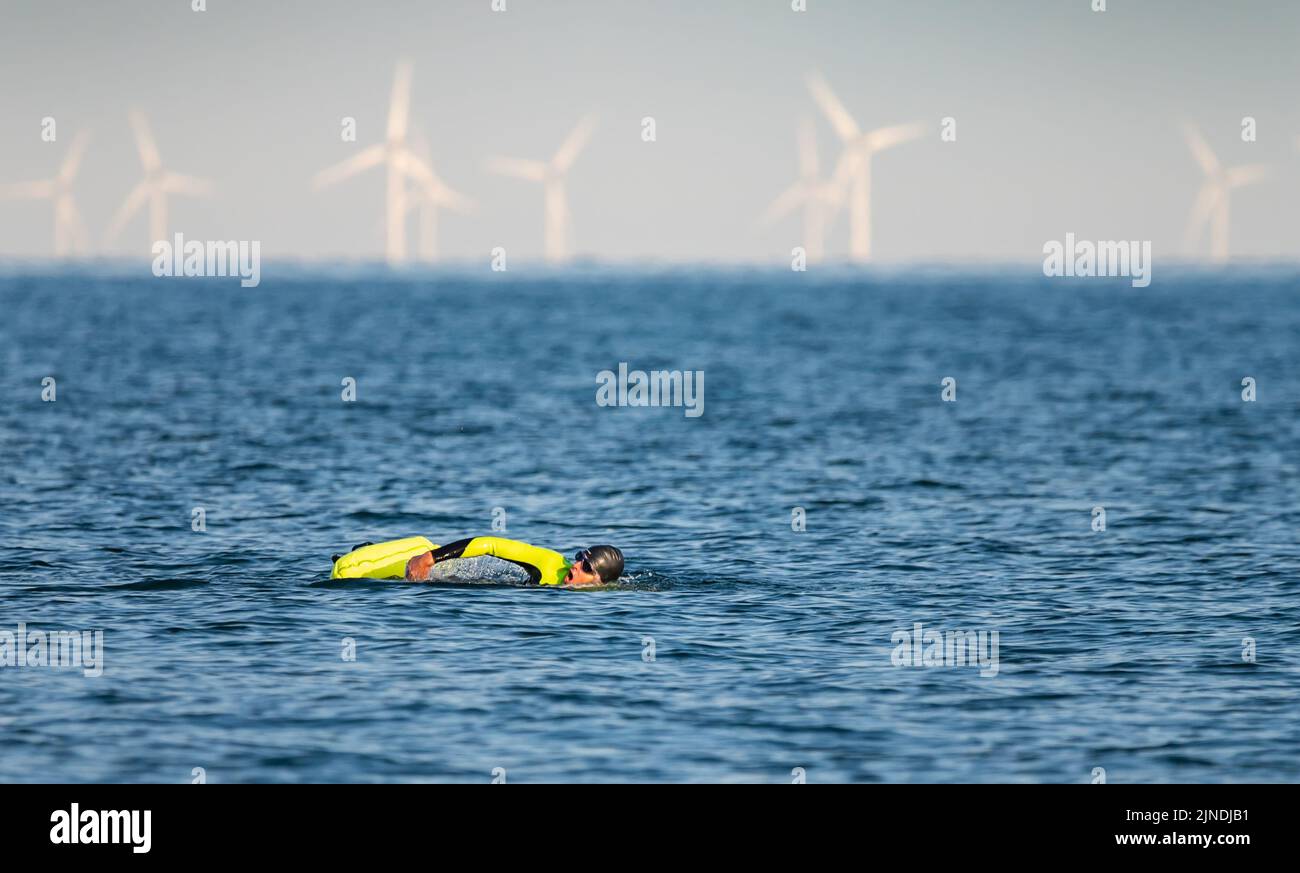 Mann mit Schwimmer und fluoreszierender Kleidung schwimmt im Meer oder Ozean an einem Sommertag, mit Windturbinen von einem Windpark in der Ferne, in Großbritannien. Stockfoto