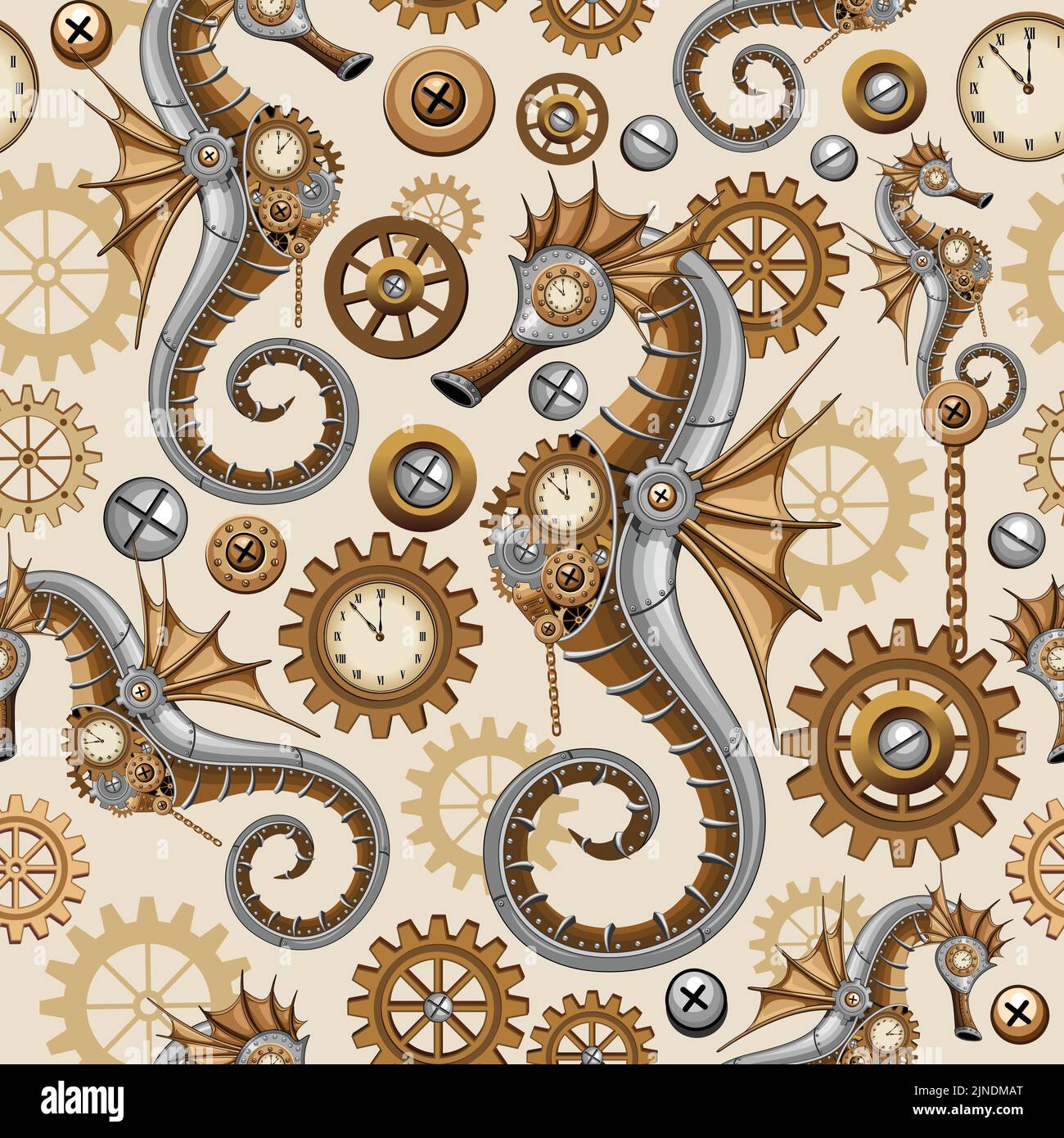 Steampunk Seahorse wurde ursprünglich auf Vektorgrafiken erstellt, wobei alle Elemente zu einem nahtlosen Muster zusammengesetzt wurden Stock Vektor