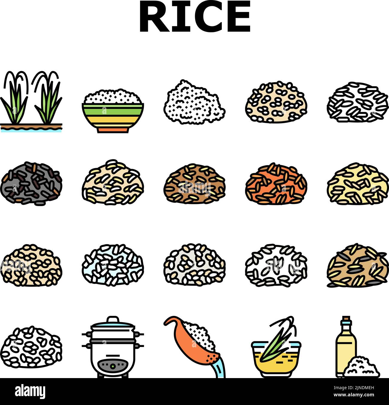 Reis Für Die Zubereitung Von Delicious Food Icons Set Vector Stock Vektor