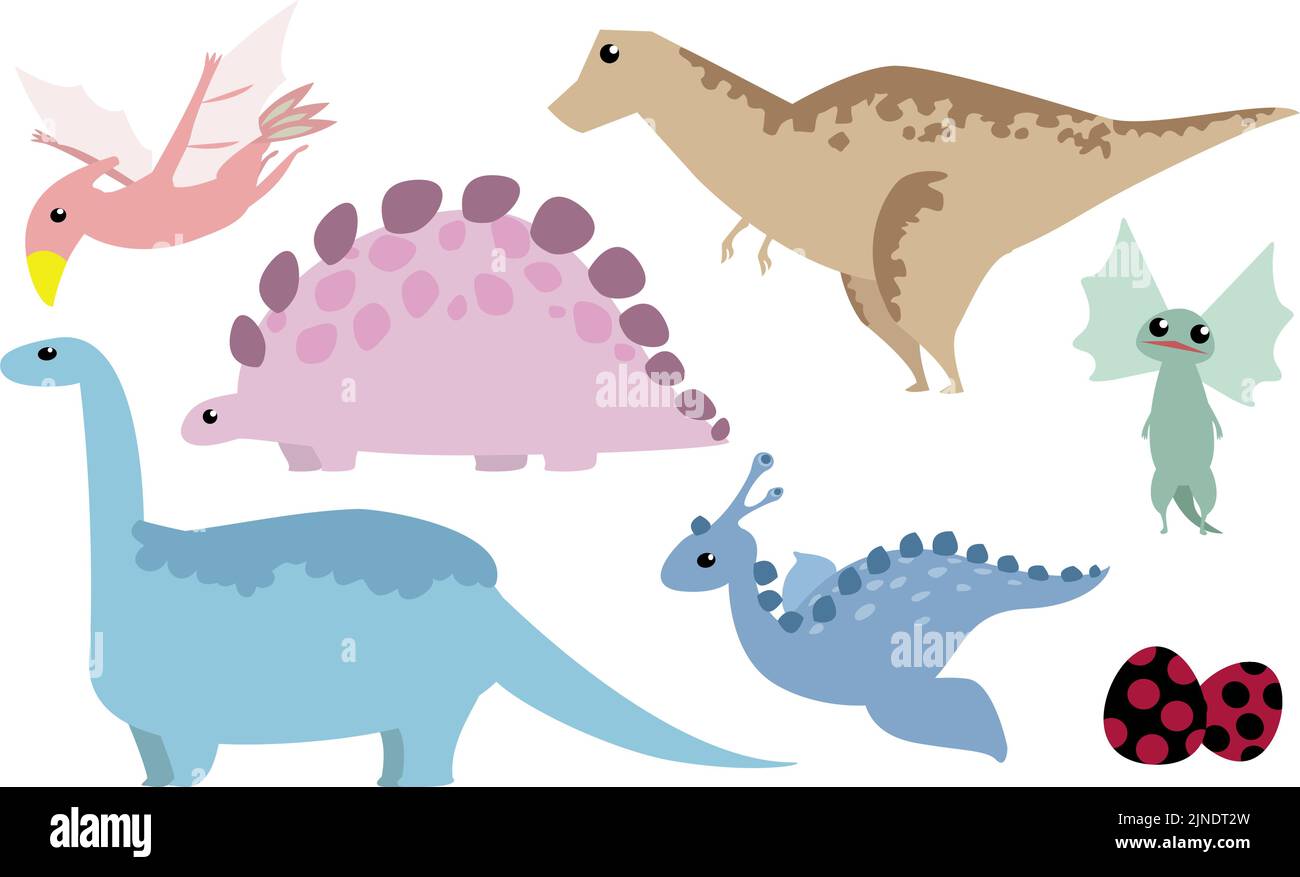Dinosaurier-Set: Tyrannosaurus, Stegosaurus, Brachiosaurus, Dilophosaurus, Archeopteryx, Ei Stock Vektor
