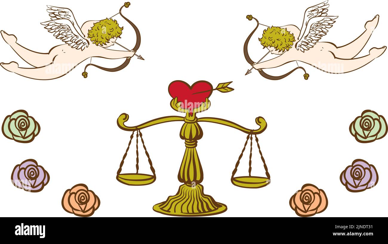 Amor und Herz Balance Schießen einen Pfeil der Liebe antiken Stil Stock Vektor