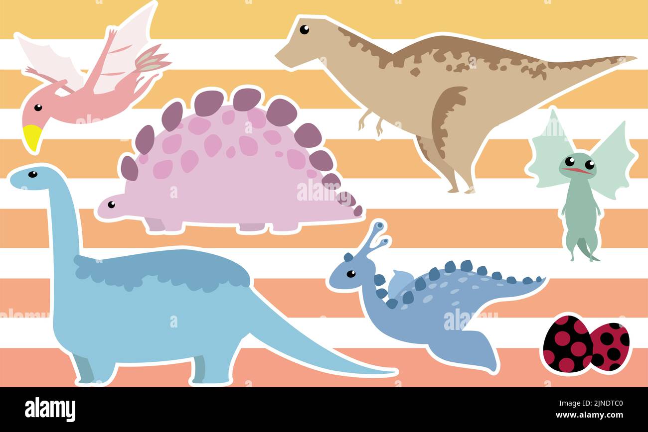 Dinosaurier-Set: Tyrannosaurus, Stegosaurus, Brachiosaurus, Dilophosaurus, Archeopteryx, Ei - weißer Rand Stock Vektor