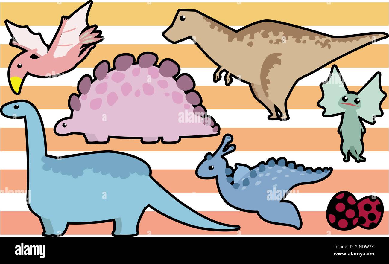 Dinosaurier-Set: Tyrannosaurus, Stegosaurus, Brachiosaurus, Dilophosaurus, Archeopteryx, Ei - schwarzer Rand Stock Vektor