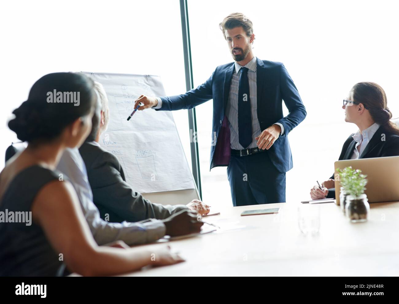 Chef präsentiert dem Team innovative Ideen. Führungskräfte des Unternehmens treffen sich formell im Vorstandszimmer, um eine neue Strategie zu erarbeiten. Büromeeting Stockfoto