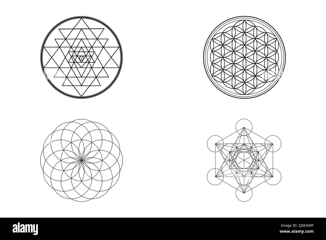 Heilige Geometrie Symbole, Sri Yantra, Blume des Lebens, Torus, Metatron Symbole isoliert auf weißem Hintergrund Stockfoto