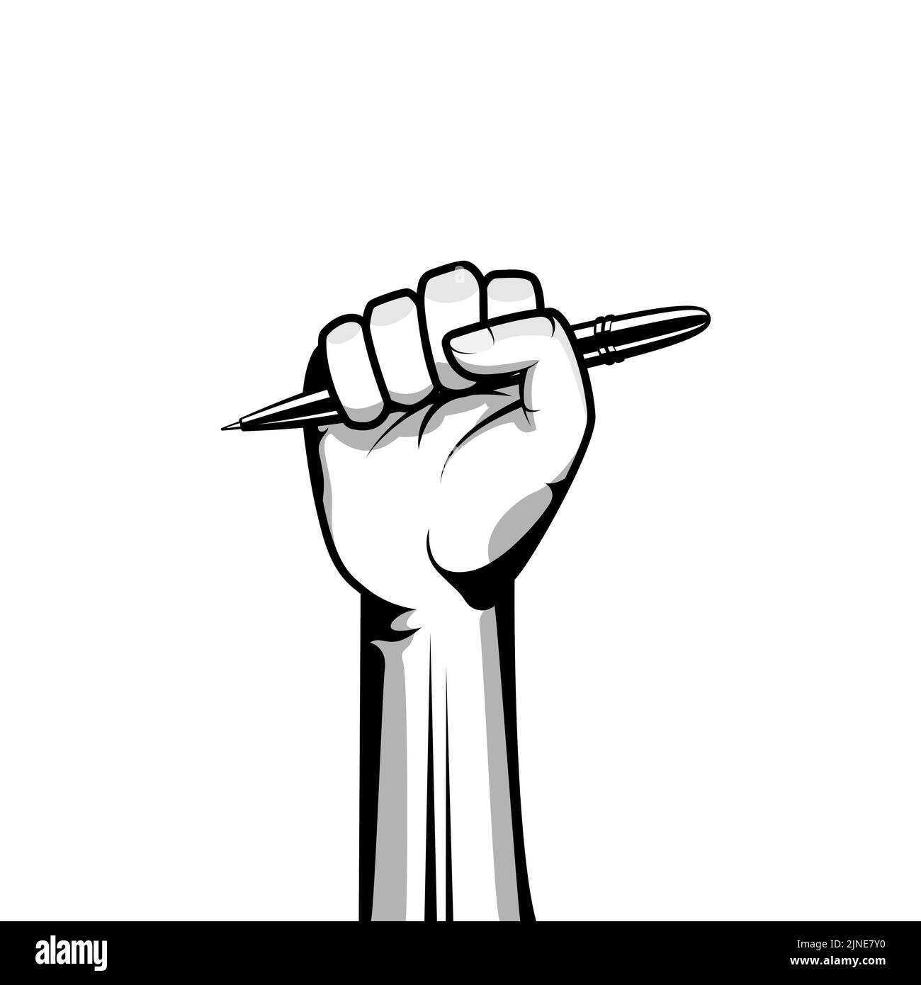 Vektorgrafik mit Bleistift in der Hand. Erhobene Faust mit einem Bleistift als Zeichen für die Freiheit der Meinungsäußerung. Stock Vektor