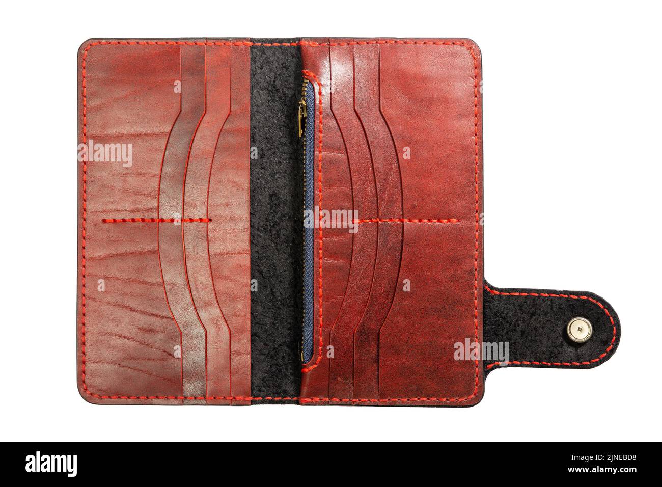 Weibliche braune Leder offene Brieftasche isoliert auf einem weißen Hintergrund. Stockfoto