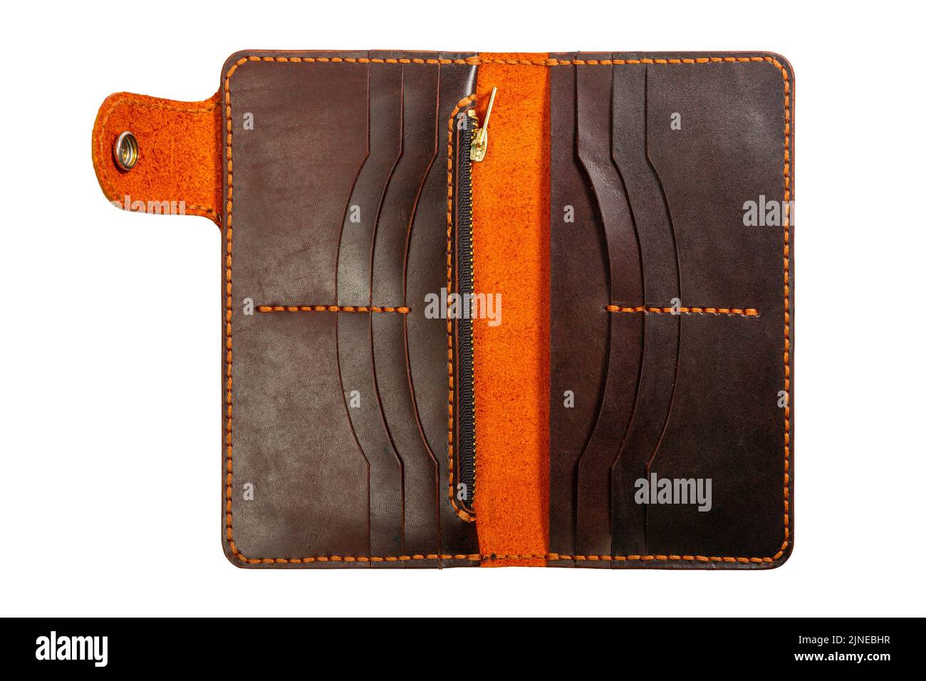 Weibliche braune Leder offene Brieftasche isoliert auf einem weißen Hintergrund. Stockfoto