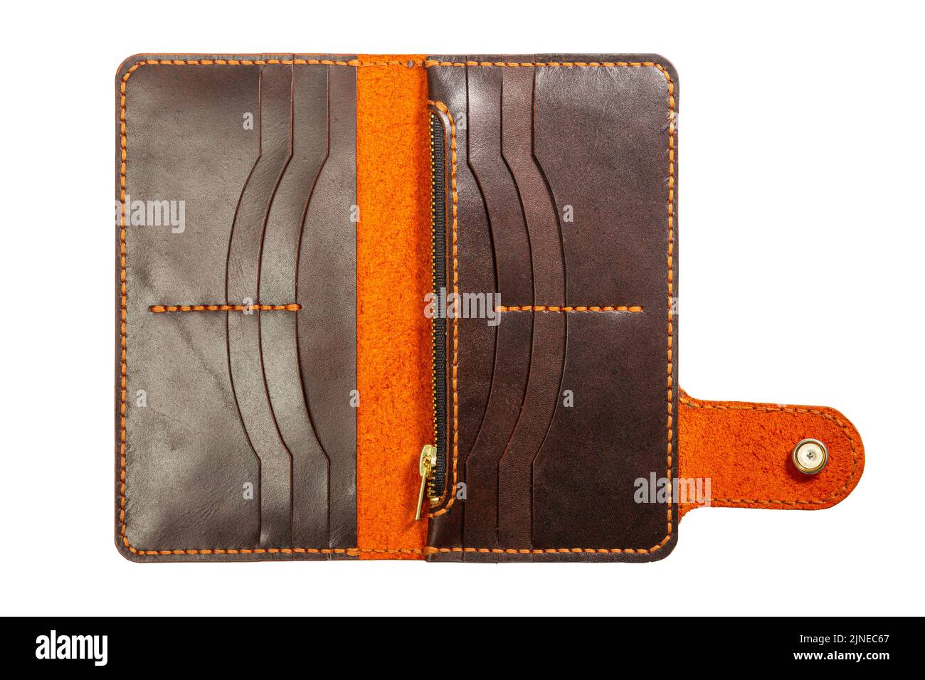 Weibliche braune Leder offene Brieftasche isoliert auf einem weißen Hintergrund. Stockfoto