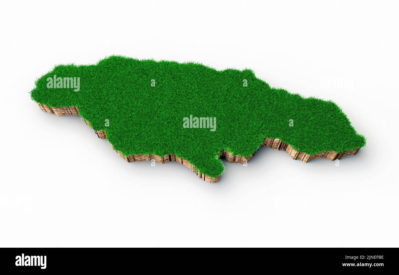 Eine Darstellung der geologischen Karte Jamaikas aus dem Jahr 3D mit festem Land und grünem Gras, das auf weißem Hintergrund isoliert ist Stockfoto