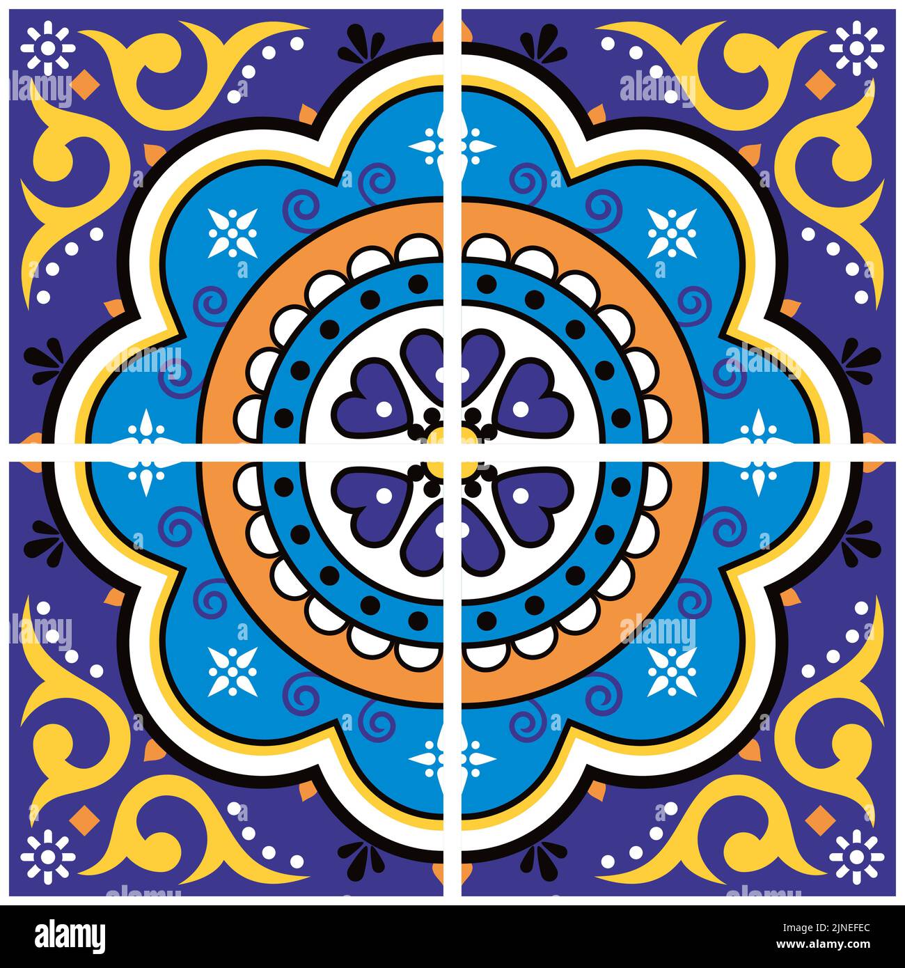 Mexikanische talavera Fliesen Vektor nahtloses Muster mit floralen und geometrischen Motiv, Hintergrund inspiriert von Volkskunst aus Mexiko Stock Vektor