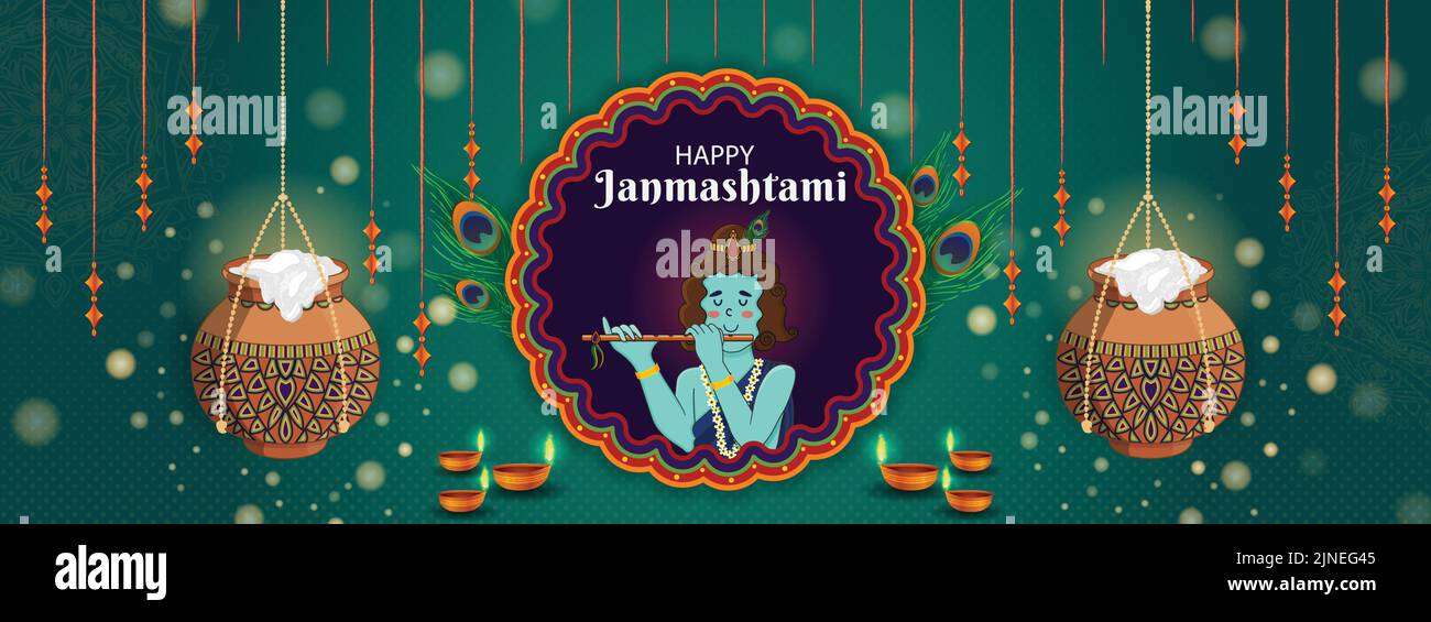 Happy Krishna Janmashtami Hintergrund mit Matki, Makhan, Flöte, Pfauenfeder. Dahi Handi Mandala Hindu Festival Poster Design. Website-Header, Stock Vektor