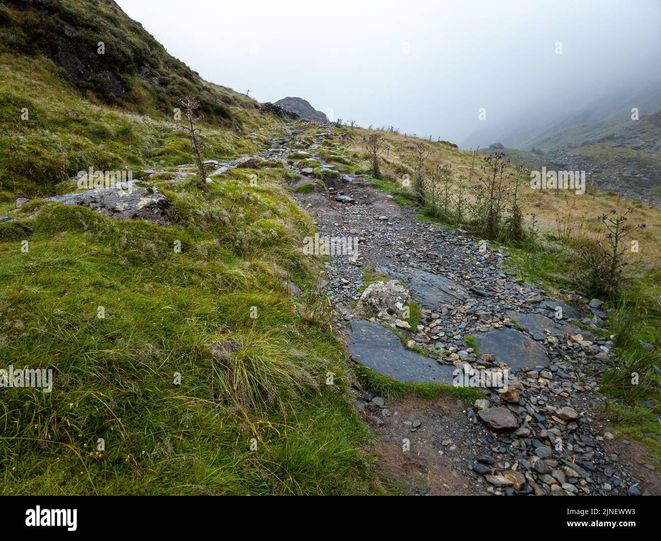 Cader Idris Berg mit See in der Nähe der Stadt Dolgellau, im Nationalpark Snowdonia in Wales, nebliger Morgen 2022. Stockfoto