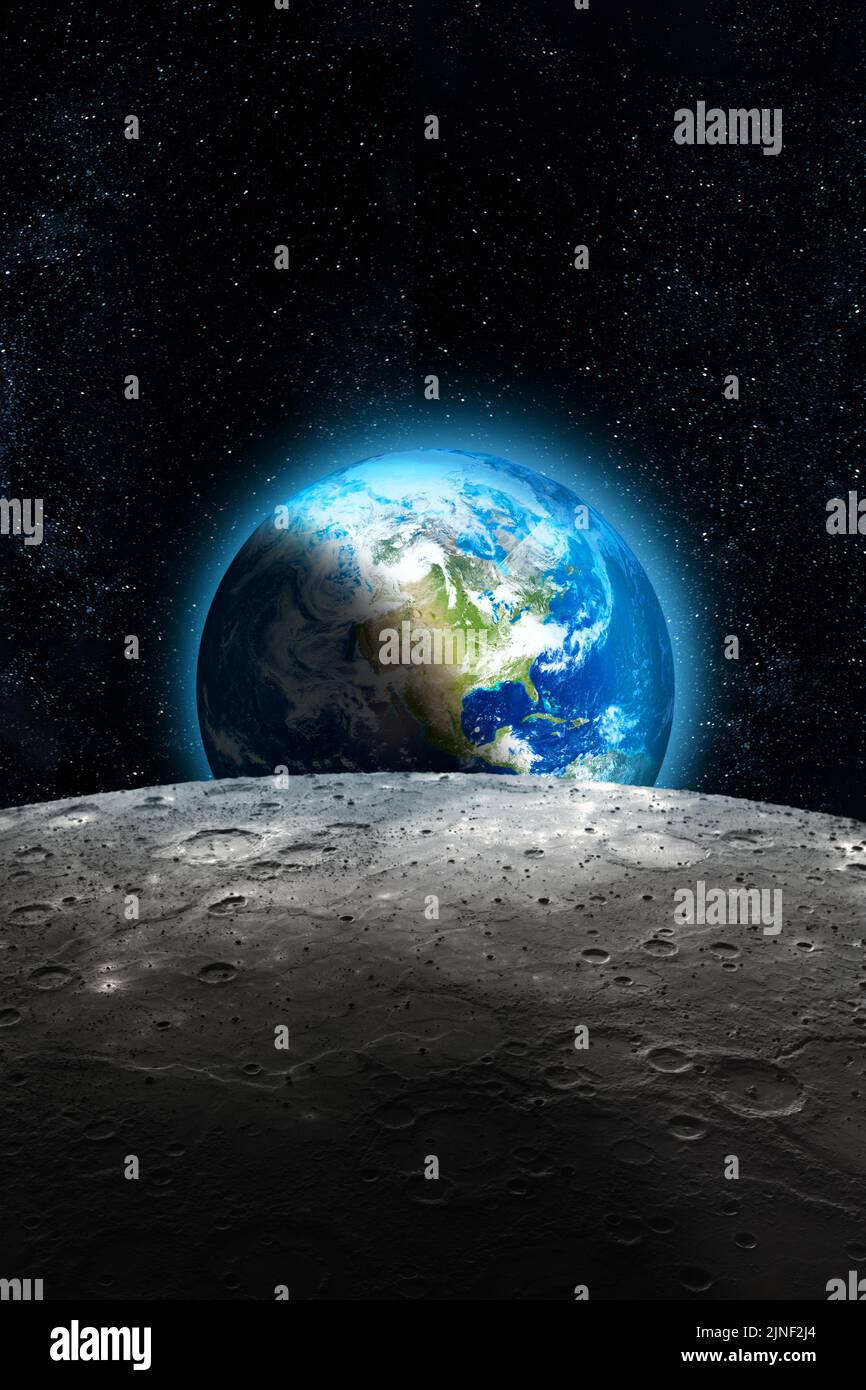 Close Planet Erde vom Mond aus gesehen, dunkler Sternenhimmel im Hintergrund. Einige Bildelemente der NASA. Stockfoto