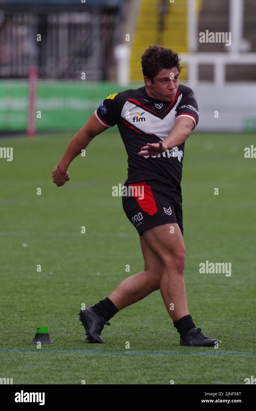 Newcastle upon Tyne, England, 7. August 2022. Oliver Leyland tritt bei der Betfred Championship im Kingston Park gegen Newcastle Thunder in London Broncos ins Tor. Quelle: Colin Edwards Stockfoto