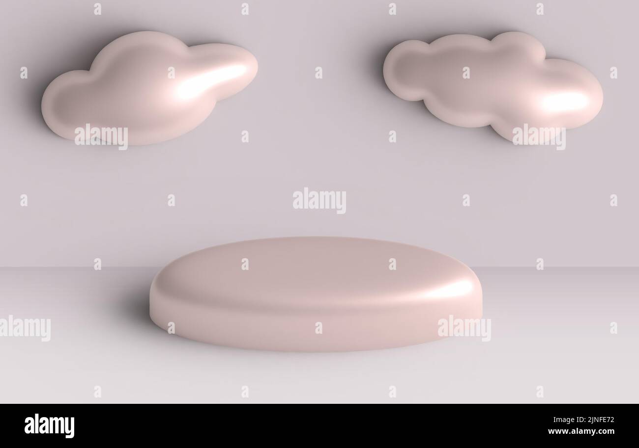 3D gerenderte Studio-Mock-up-Hintergrund für Produktpräsentation mit glänzenden Wolken. Podium auf dem Boden. Minimale Rotgold-Farben. Abstrakter Sockel mit 3D Stock Vektor