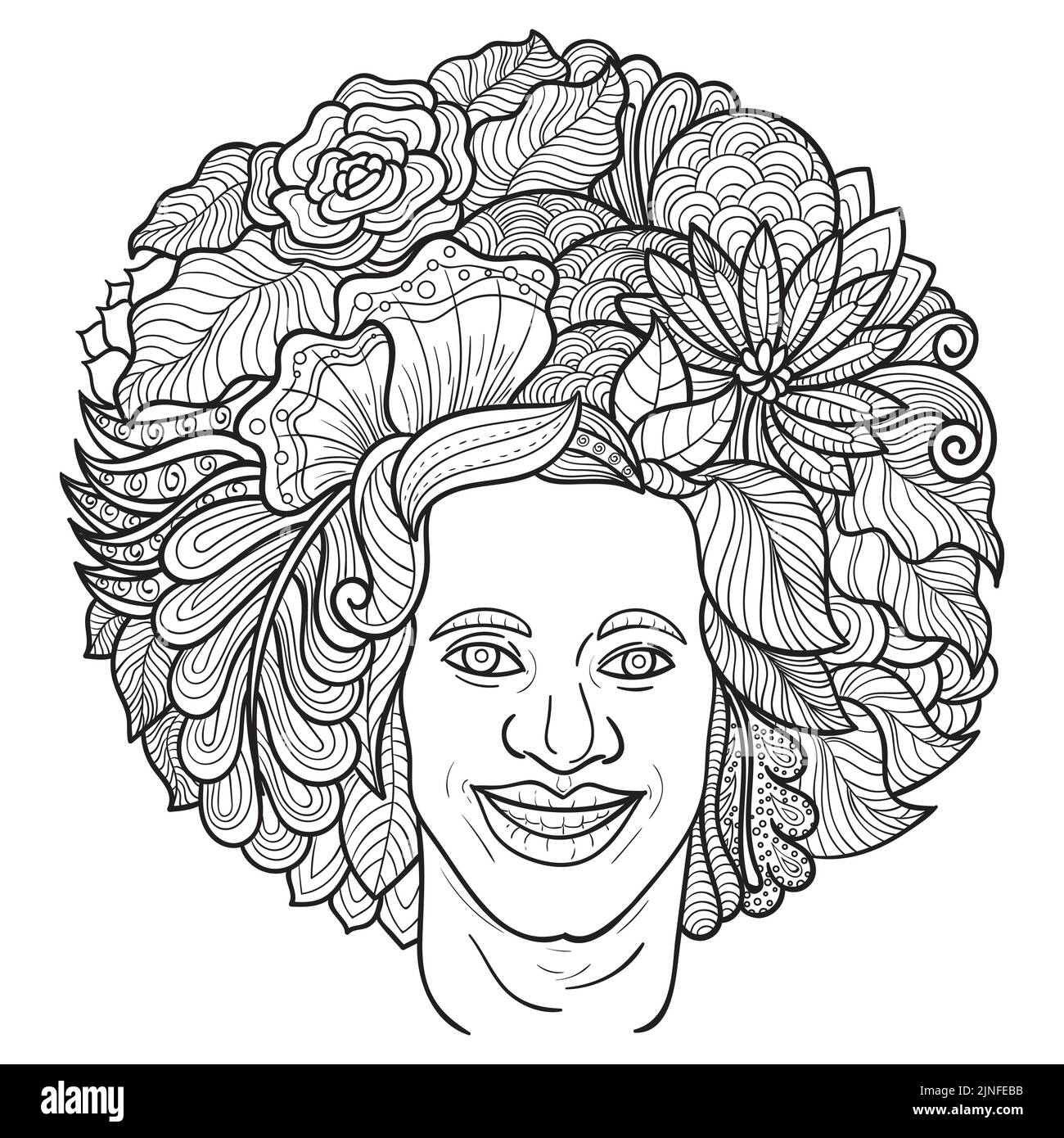 Ein Vektor der dekorativen Frisur mit Blumen und Blättern im Doodle-Stil Stock Vektor