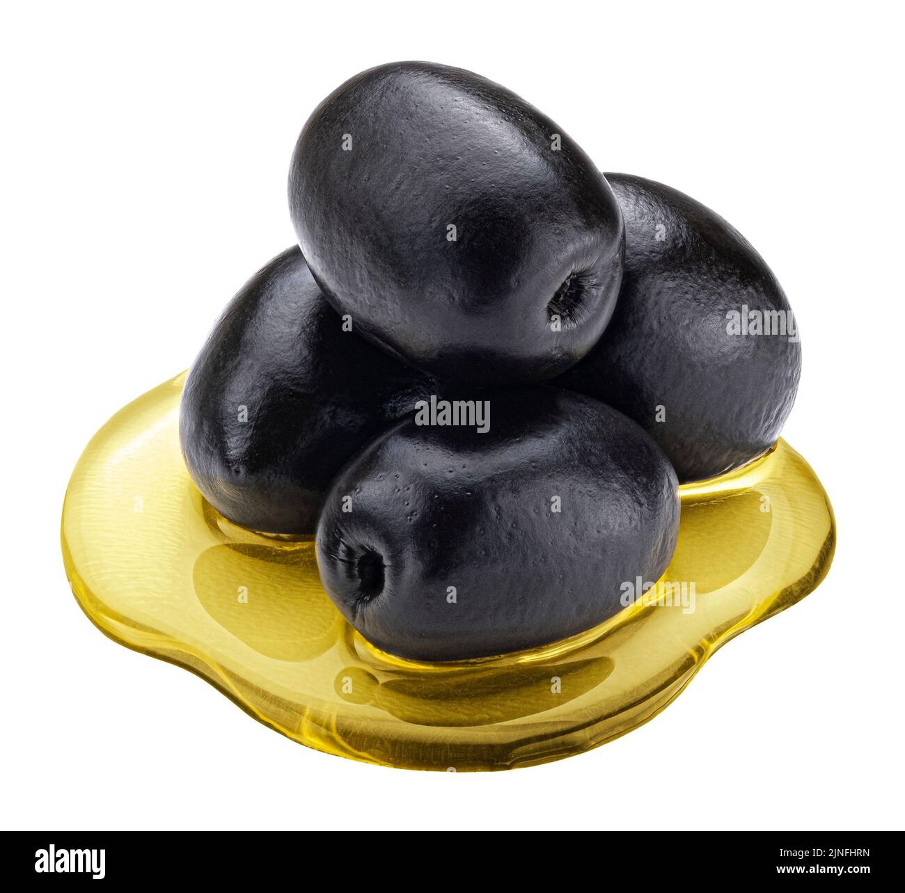 Schwarze Oliven mit fließendem Öl isoliert auf weißem Hintergrund Stockfoto