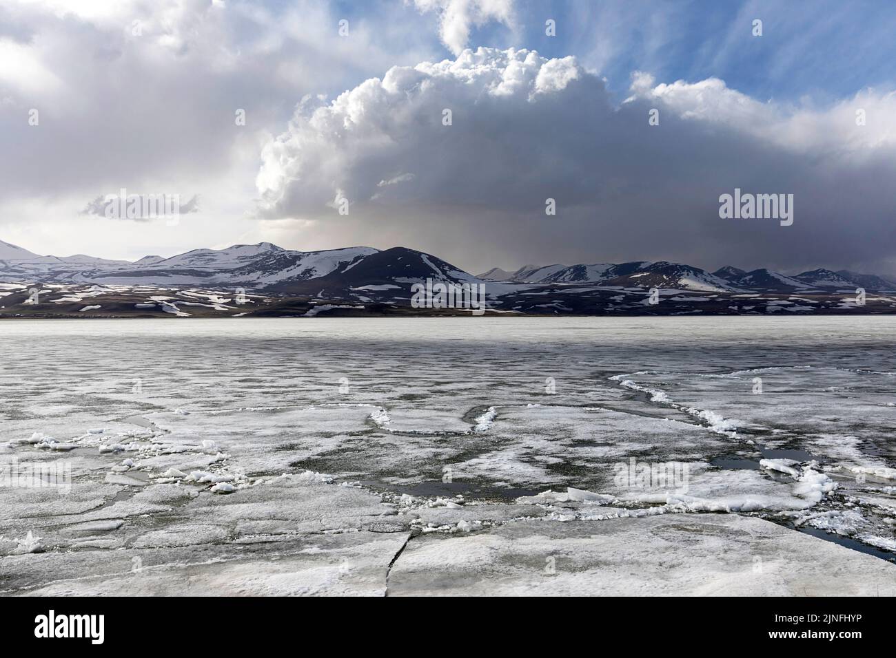 Schöner und gefrorener Paravani-See und schneebedeckte Berge im Hintergrund, Vulkanhochebene Javakheti, Georgia Stockfoto