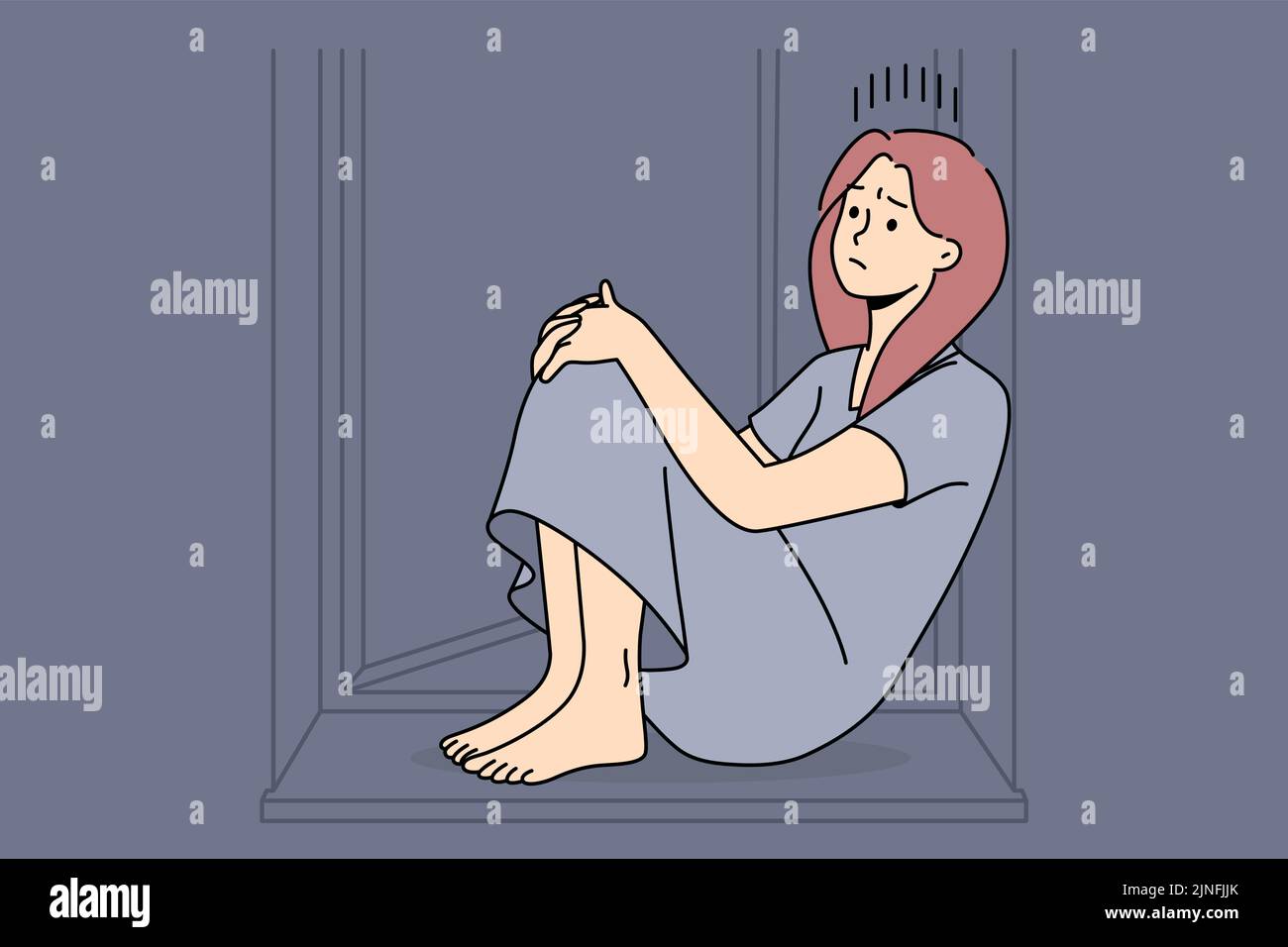 Unglückliche Frau sitzt auf dem Fensterbrett leiden unter Einsamkeit oder Einsamkeit. Verärgert trauriges Mädchen kämpfen mit Depressionen oder psychischen Problemen. Vektorgrafik. Stock Vektor