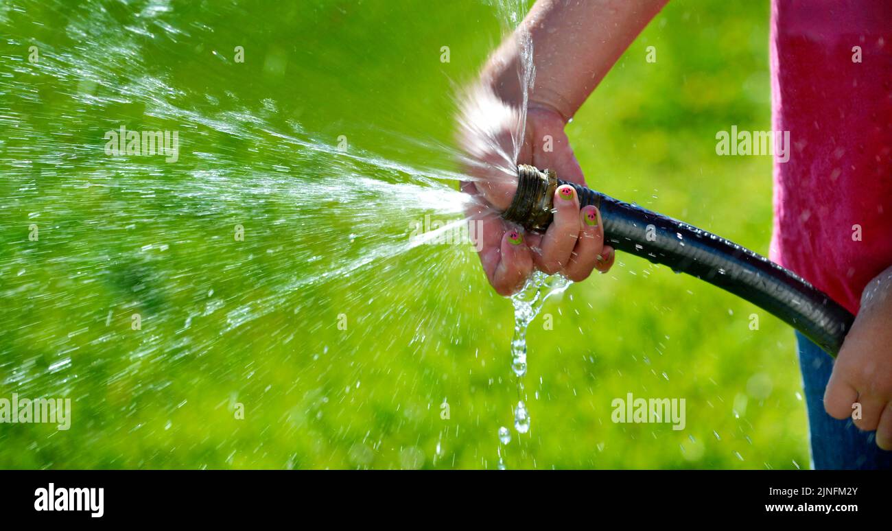 Hand und Schlauch Spritzen shooting Süßwasser auf grünen Rasen Stockfoto