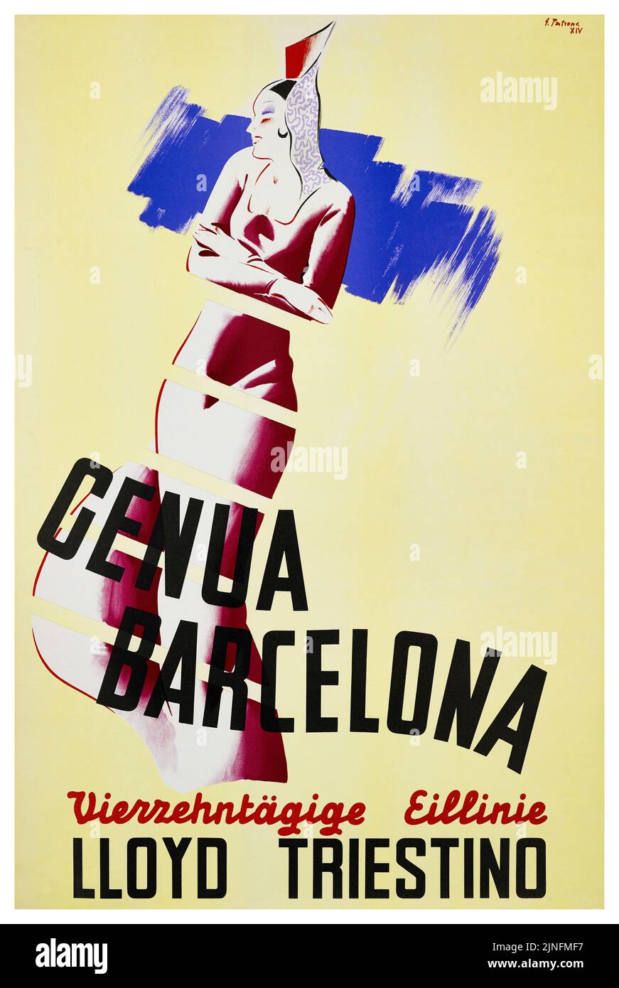 Genua Barcelona. Vierzehntägige Eilinie (14 Tage Express-Linie). Lloyd Triestino von Giovanni Patrone (1904-1963). Plakat (deutsche Version) erschienen 1936 in Italien. Stockfoto