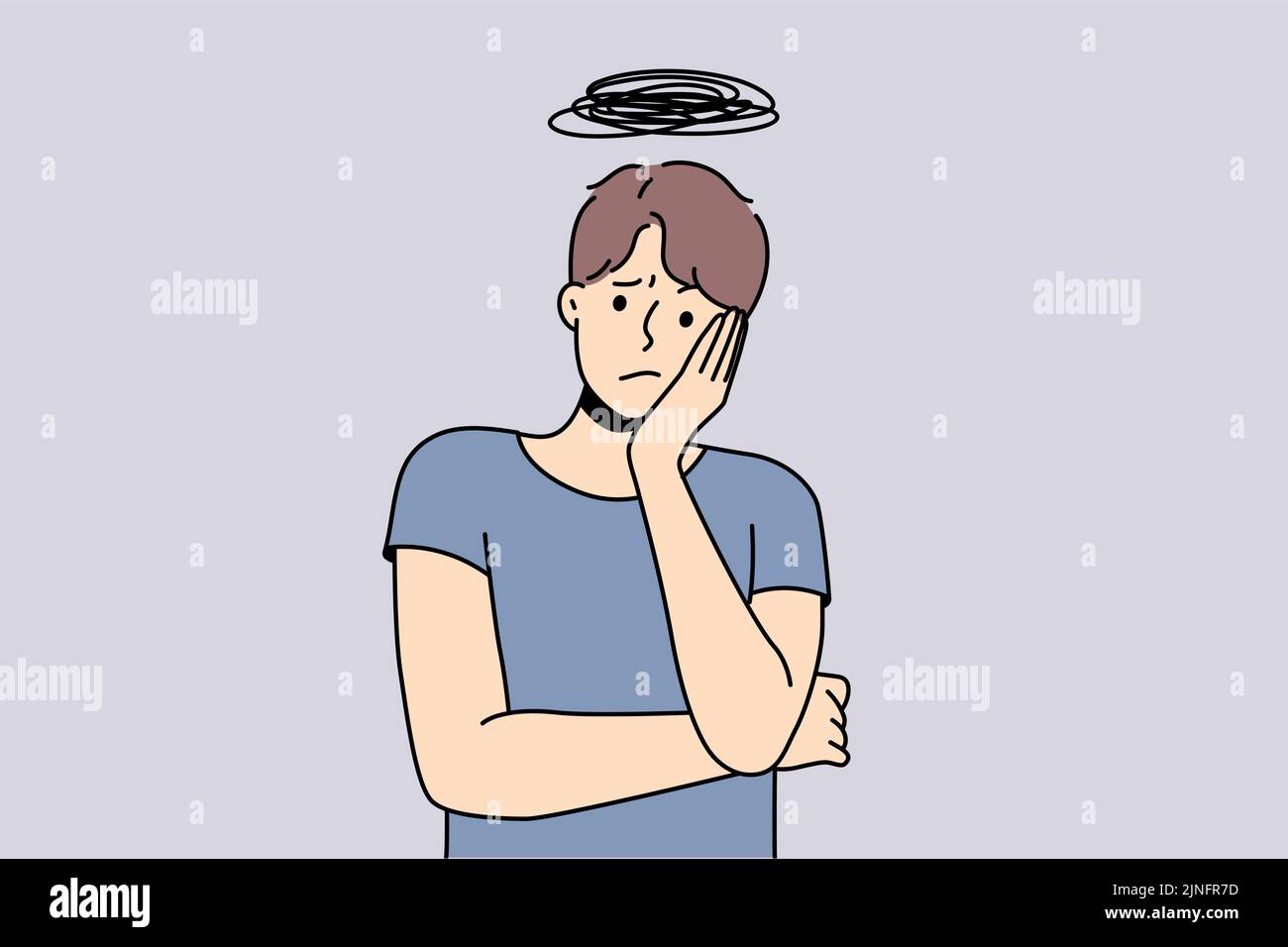 Unglücklicher junger Mann, der in Sorgen und Frustration verloren denkt. Gestresster Kerl überdenken überwältigt von Gedanken. Vektorgrafik. Stock Vektor