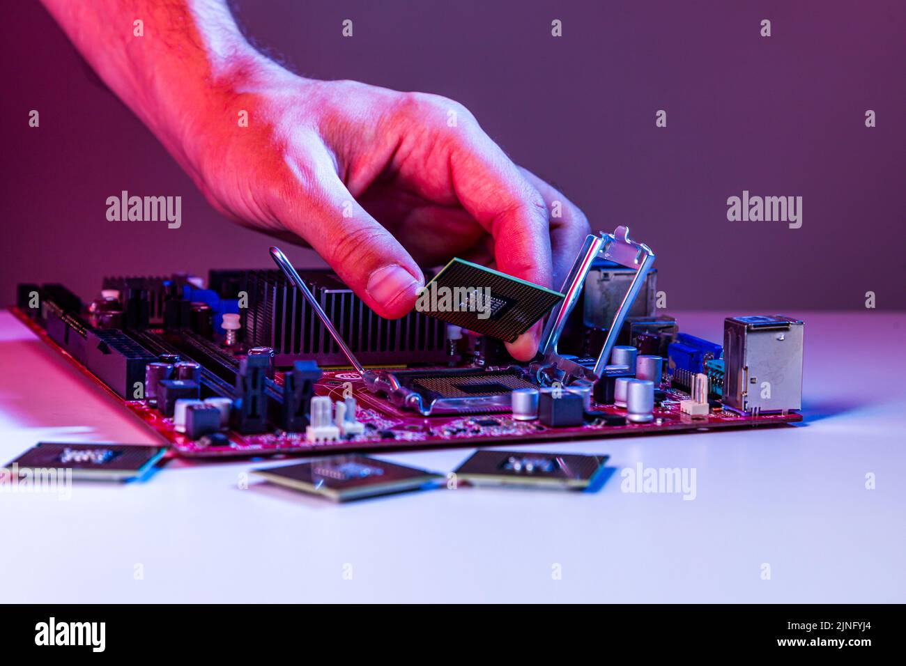 Eine Männerhand führt einen Prozessor in den Motherboard-Sockel ein. Stockfoto