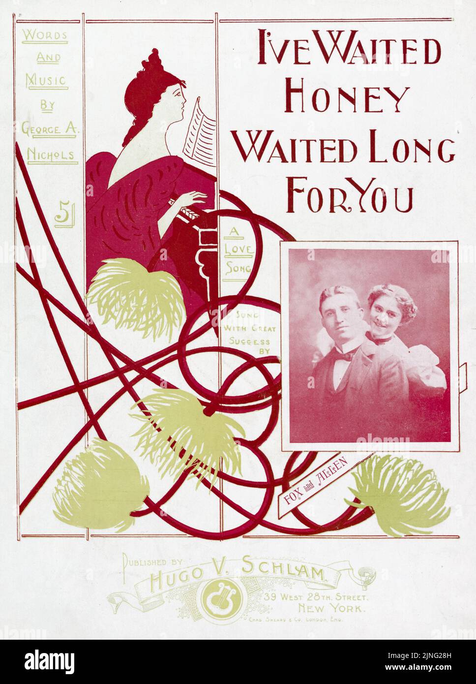 I’ve waimed, Honey, waippte long for you (1899) Worte und Musik von George A. Nichols, Herausgegeben von Hugo V. Schlam, Sung mit großem Erfolg von Fox und Allen. Titelblatt mit Noten Stockfoto