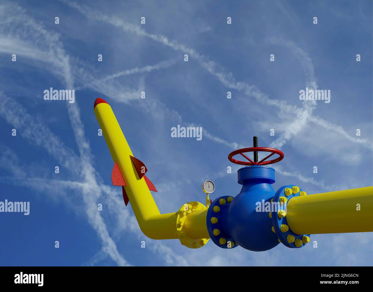 Krise, aus Gasleitungen Waffen werden, das Konzept einer Bedrohung der europäischen Energiesicherheit, 3D Illustration vor dem Hintergrund des Himmels Stockfoto