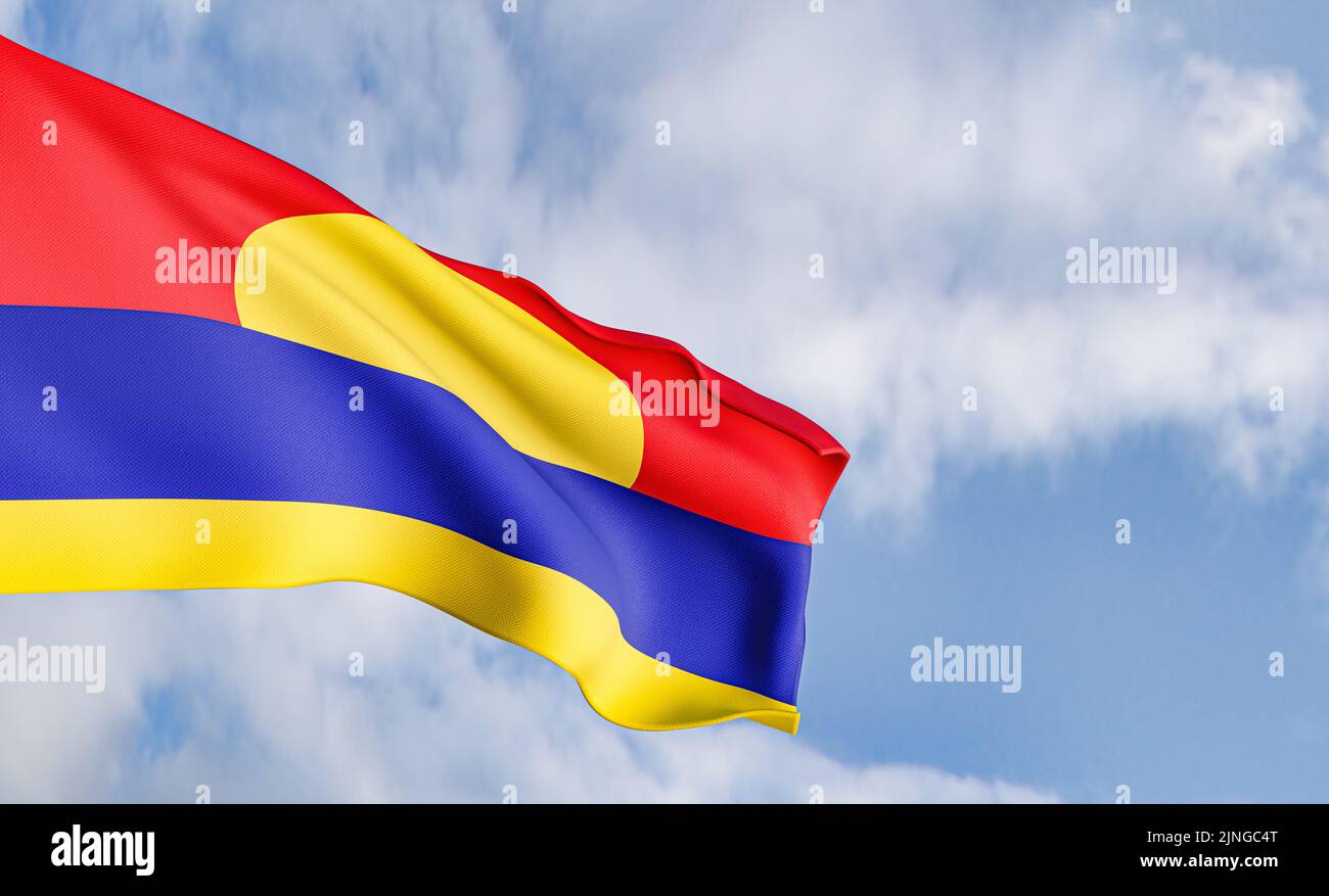 Nationalflagge Palmyra Atoll auf dem Hintergrund von Wolken, Stoffflagge Palmyra Atoll, blauer Himmel Hintergrund mit Palmyra Atoll Flagge, 3D Arbeit und 3D Bild Stockfoto