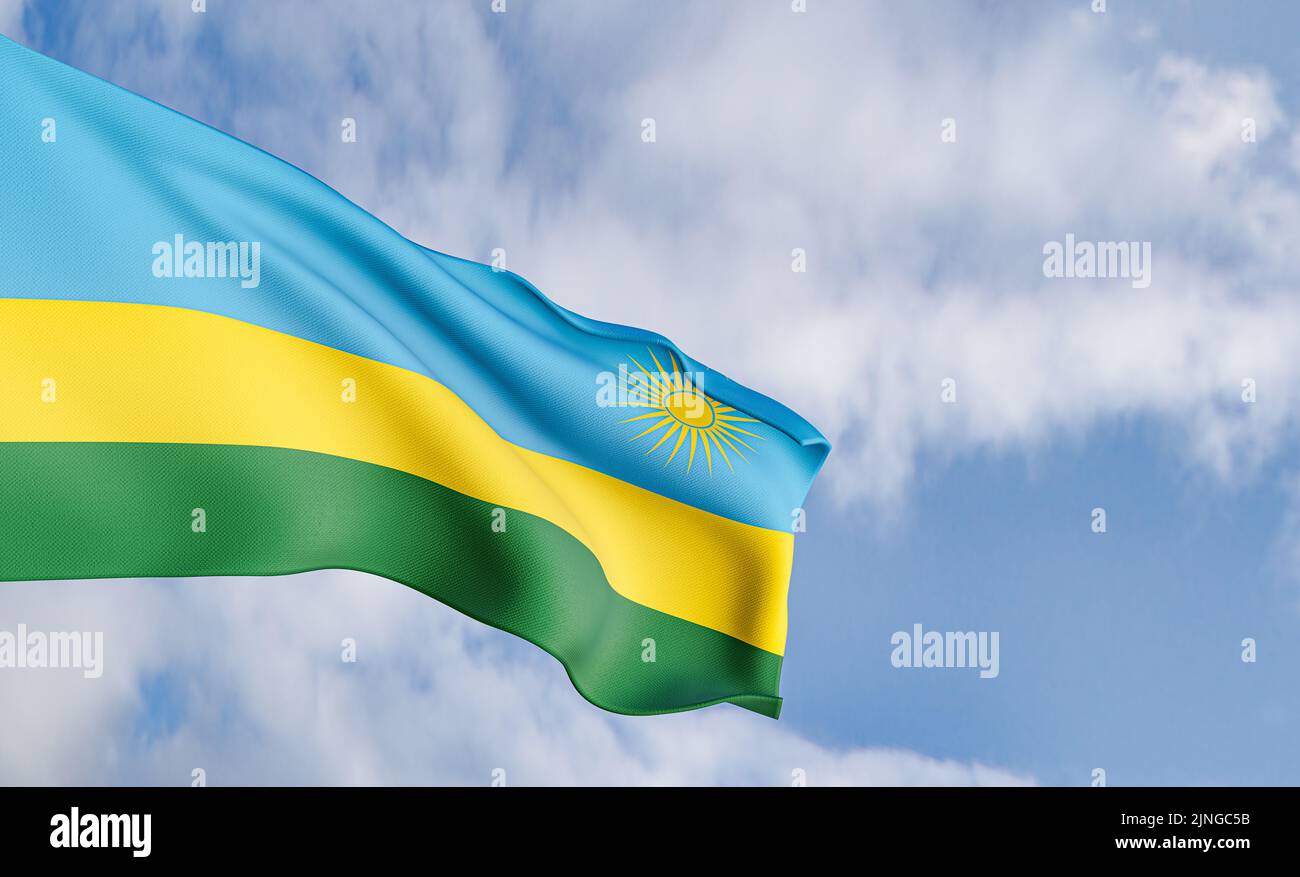 Nationalflagge Ruanda auf dem Hintergrund der Wolken, Stoffflagge Ruanda, blauer Himmel mit Ruanda-Flagge, 3D Arbeit und 3D Bild Stockfoto