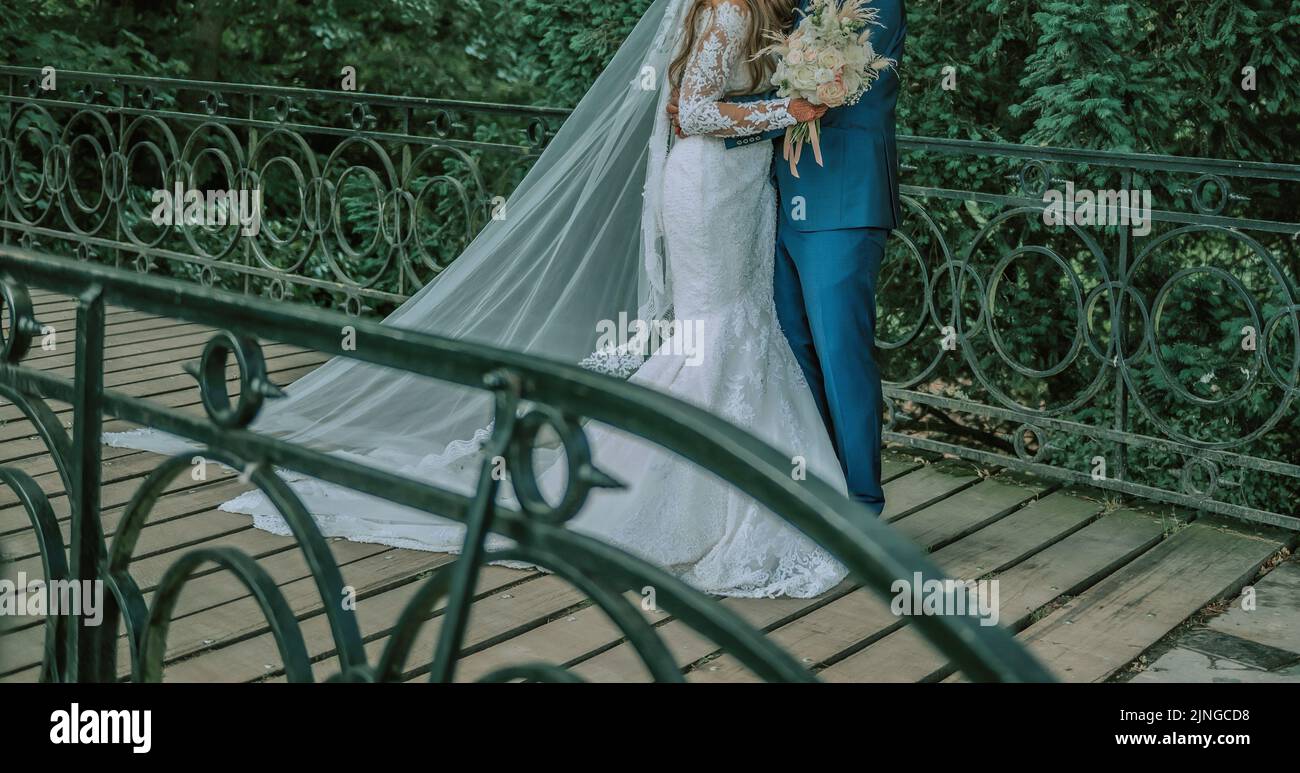 der Bräutigam und die Braut halten einander durch Hände Stockfoto