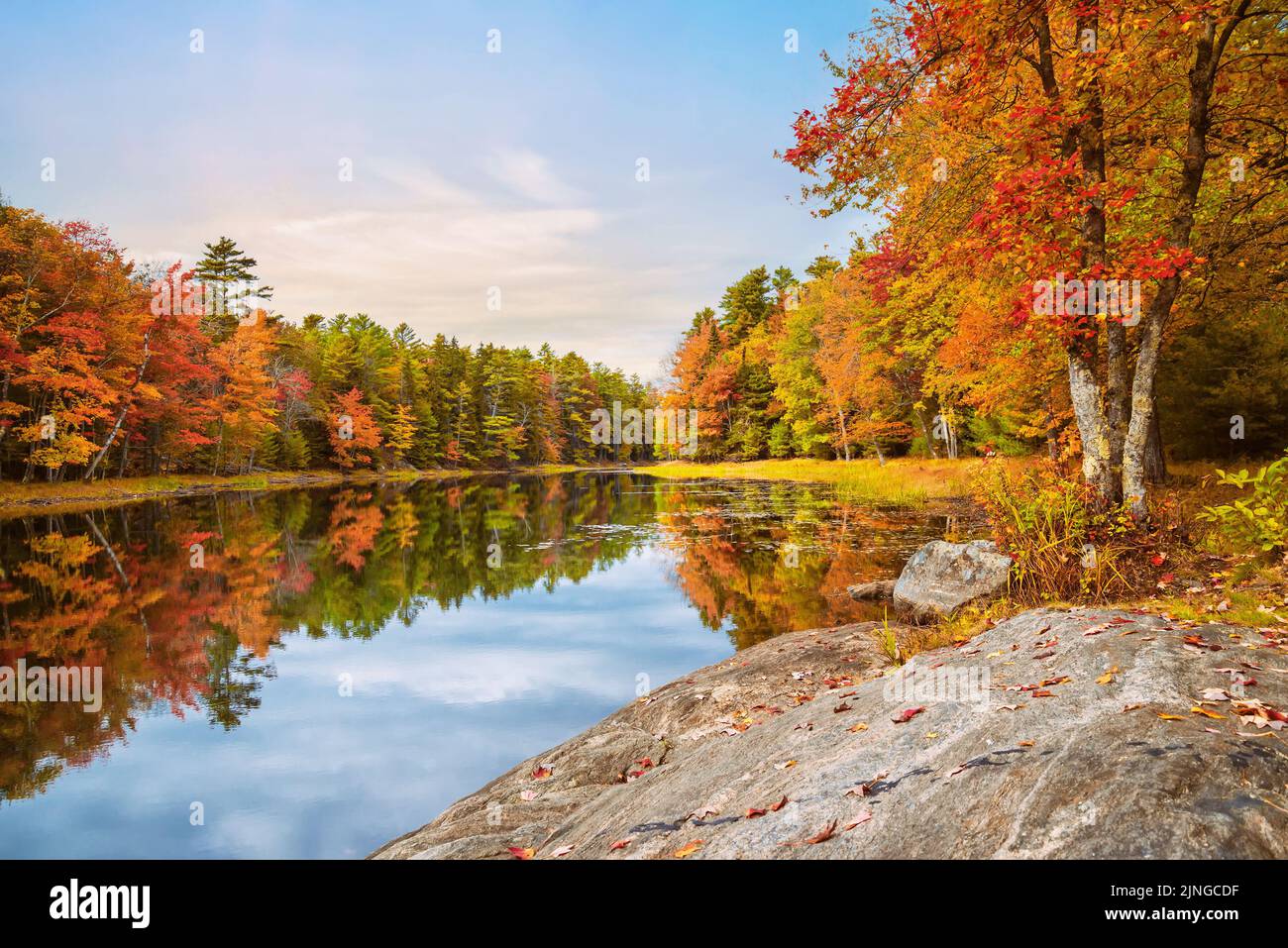 Wunderschönes Herbstlaub, das sich in stillem Seewasser in Neuengland widerspiegelt Stockfoto