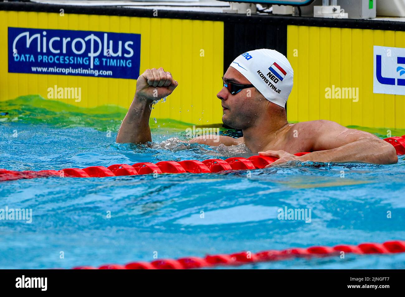 ROM, ITALIEN - 11. AUGUST: Nyls Korstanje aus den Niederlanden tritt am 11. August 2022 beim European Aquatics Roma 2022 im Stadio del Nuoto in Rom, Italien, bei den 50m Butterfly Men an (Foto: Nikola Krstic/Orange Picters) NOCNSF Stockfoto