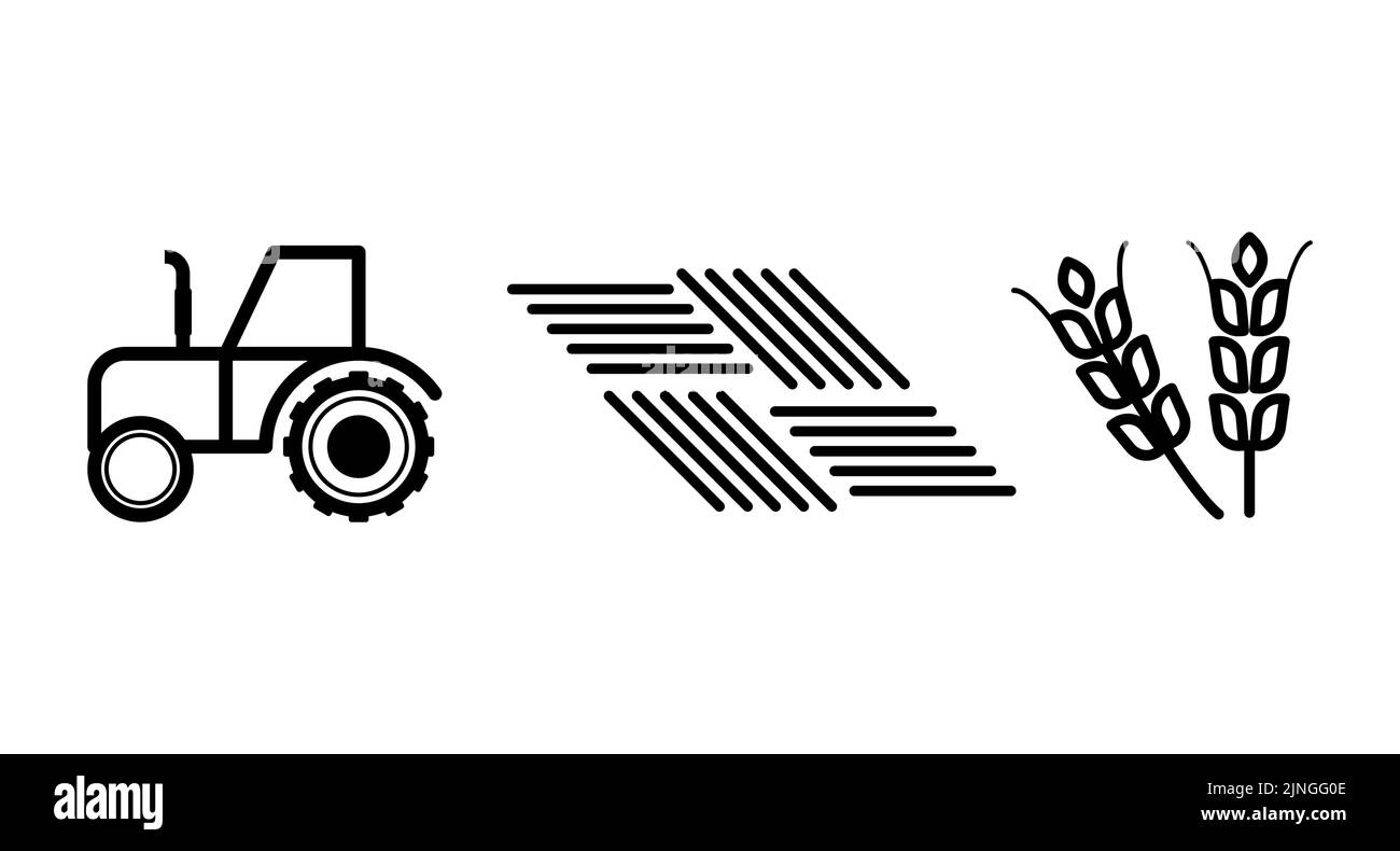 Symbole für die Landwirtschaft. Traktor, Weizen und Land. Vektordarstellung für Umrissstil Stock Vektor