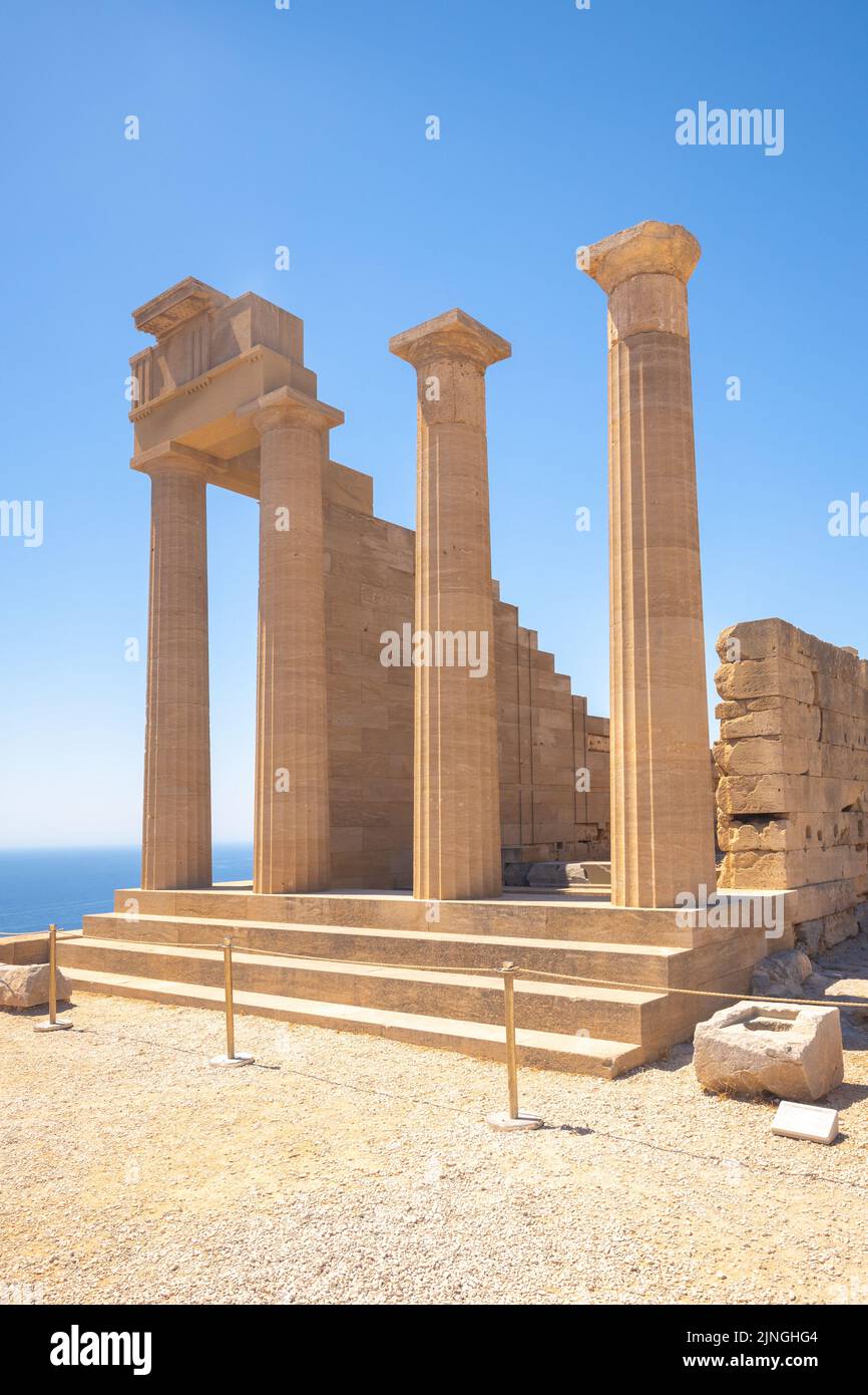 Akropolis von Lindos, die Ruinen des Tempels der Athene Lindia, Rhodos-Insel, Griechenland, Europa. Stockfoto