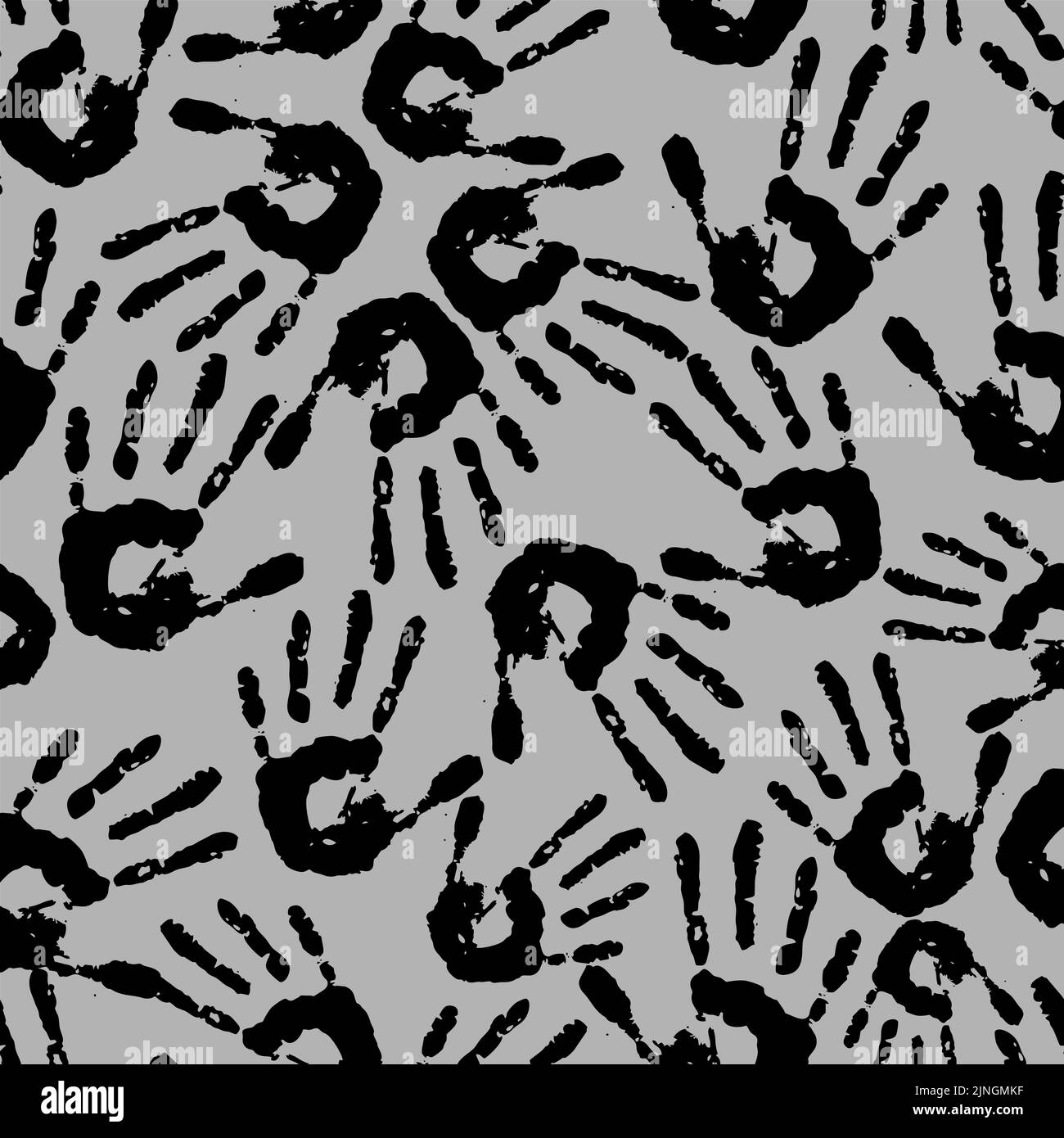 Nahtloses abstraktes Muster aus schwarzen Handdrucken auf grauem Hintergrund, sich wiederholende Textur, Design Stockfoto