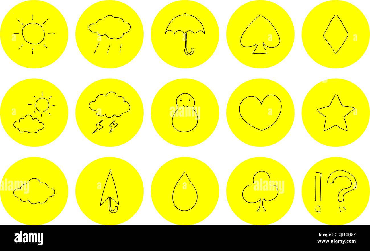 Grob handgeschriebenes Icon-Set: Wetter- und Spielkarten Vektor-Illustration Gelb auf Schwarz Stock Vektor