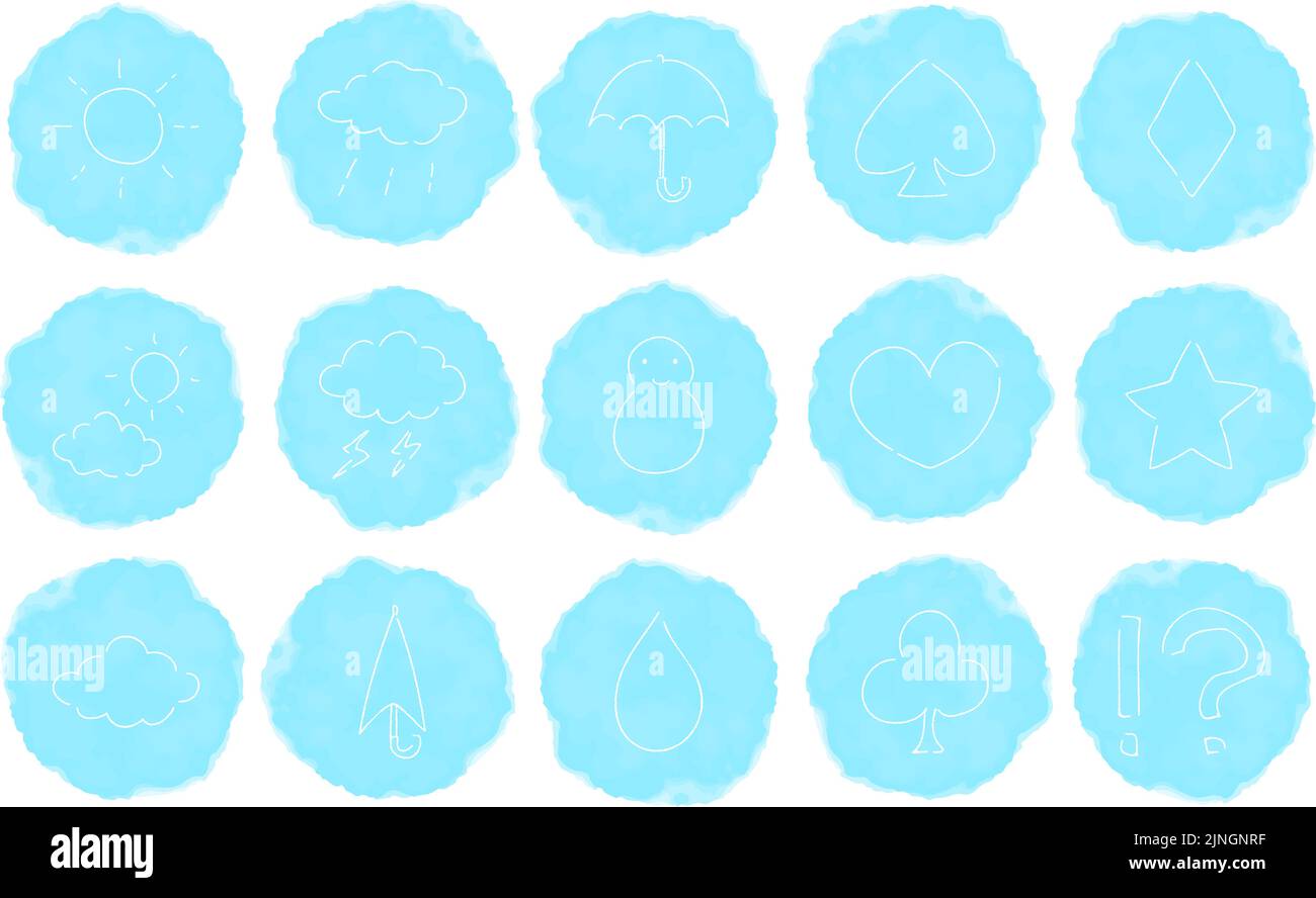 Raue handgeschriebene Aquarell Stil Icon Set: Wetter und Spielkarten Vektor Illustration Blau auf Weiß Stock Vektor