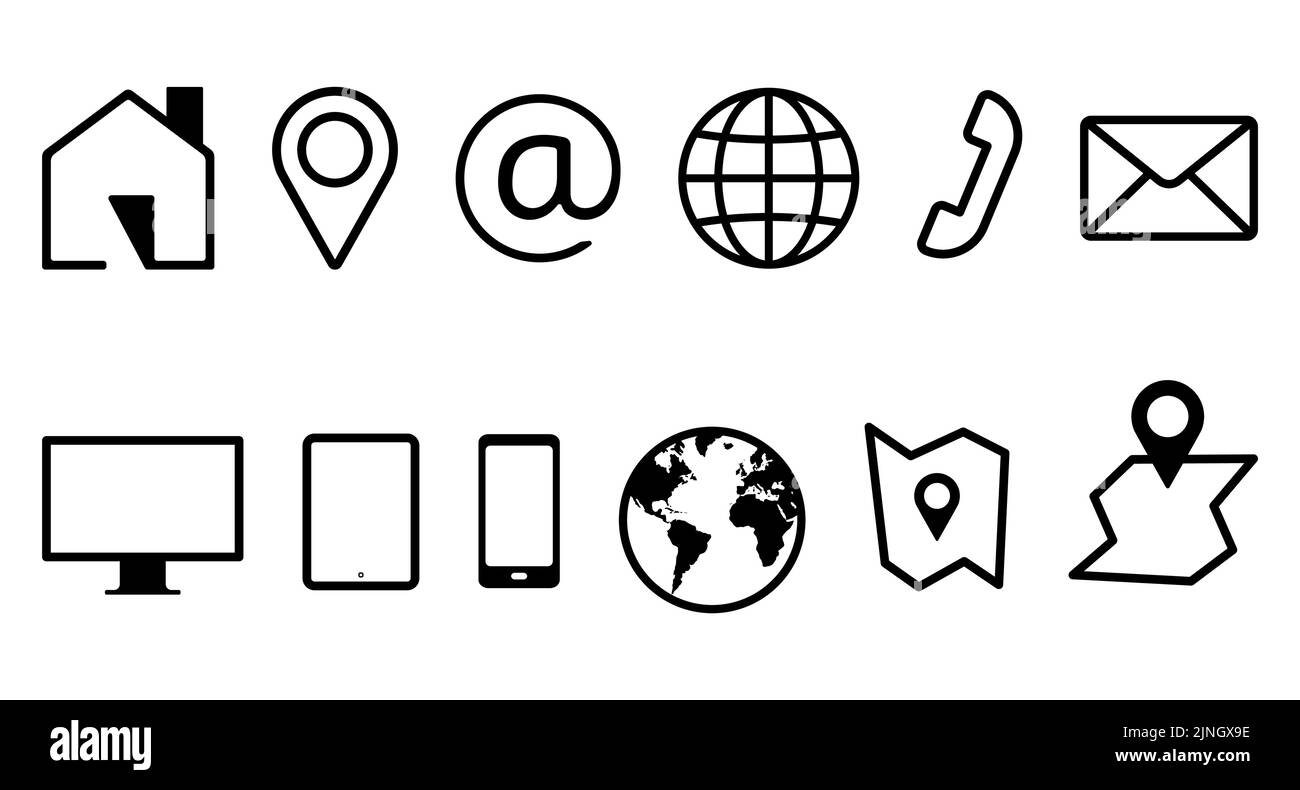 Symbolsatz für Geschäftskontakt. Gruppe von Kommunikationssymbolen für Web und mobile App. Konturstil Vektordarstellung Stock Vektor