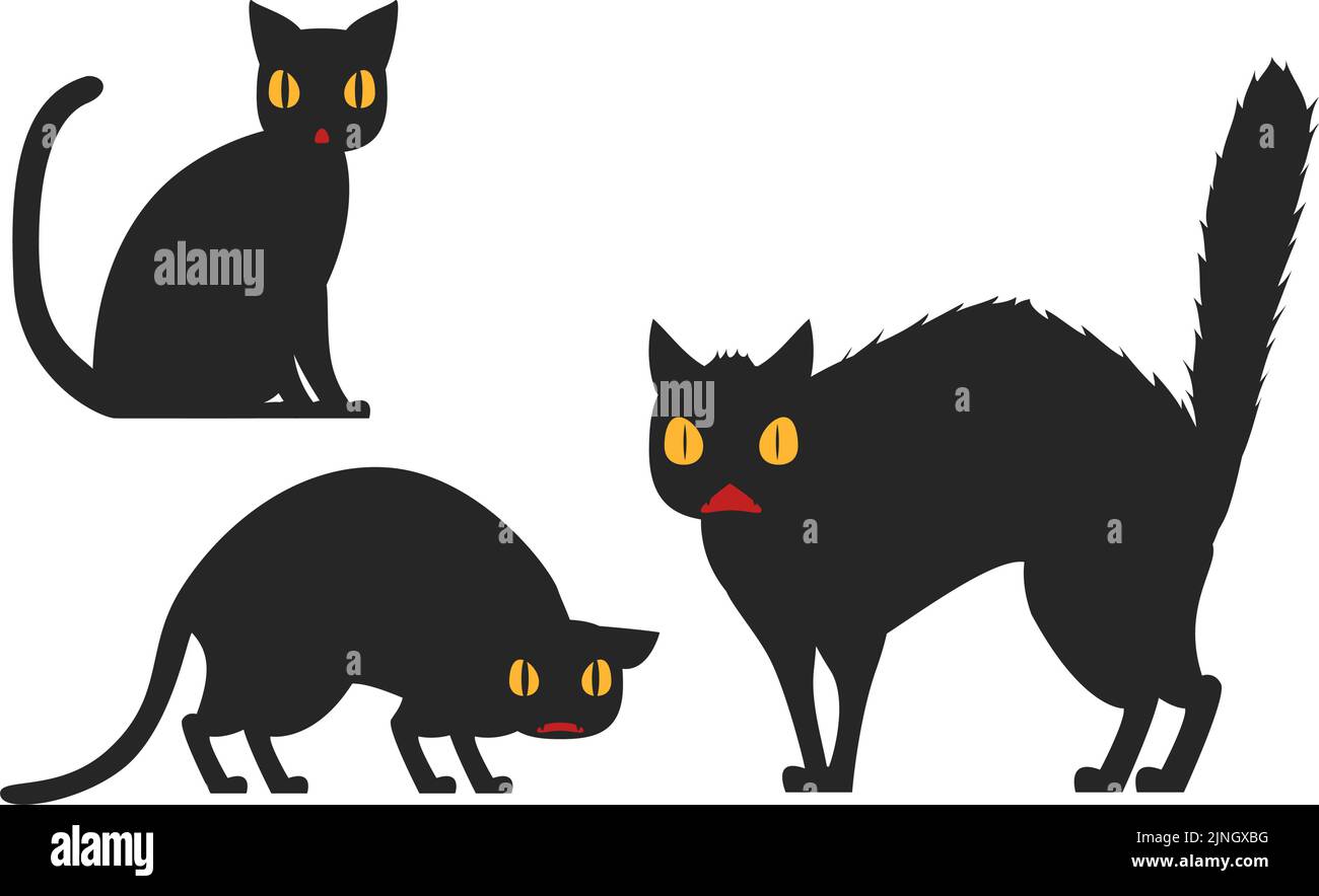 Halloween Illustrationen: Schwarzes Katzenset, Einschüchterung und Angst, normales Herz Vektor Illustration Stock Vektor