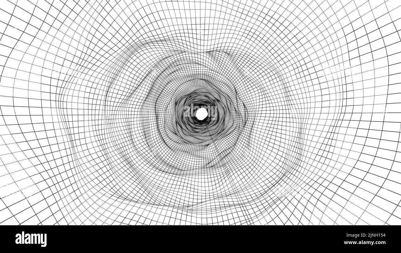 Vektordarstellung eines 3D Drahtgautunnels. Mesh-Wurmloch-Modell, das das Gewebe von Raum und Zeit darstellt. Stock Vektor