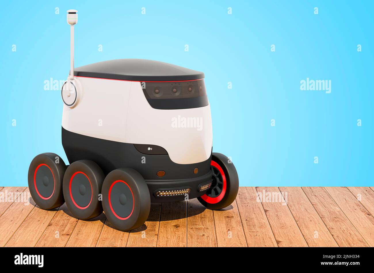 Autonomer Lieferroboter auf den Holzbohlen, 3D Rendering Stockfoto