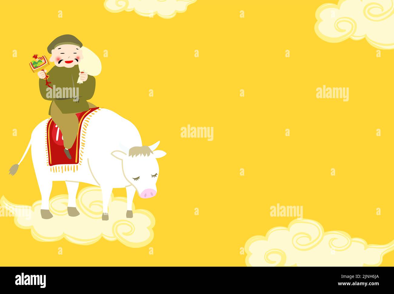 Neujahrskartutenillustration der sieben glücklichen Götter, Daikokuten auf einer weißen Kuh Stock Vektor