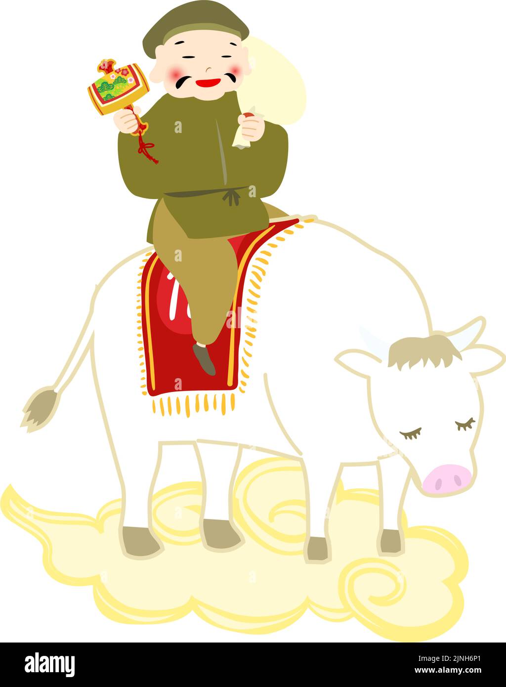 Illustration einer weißen Kuh und Daikokuten, die in Kinto'un stehen Stock Vektor
