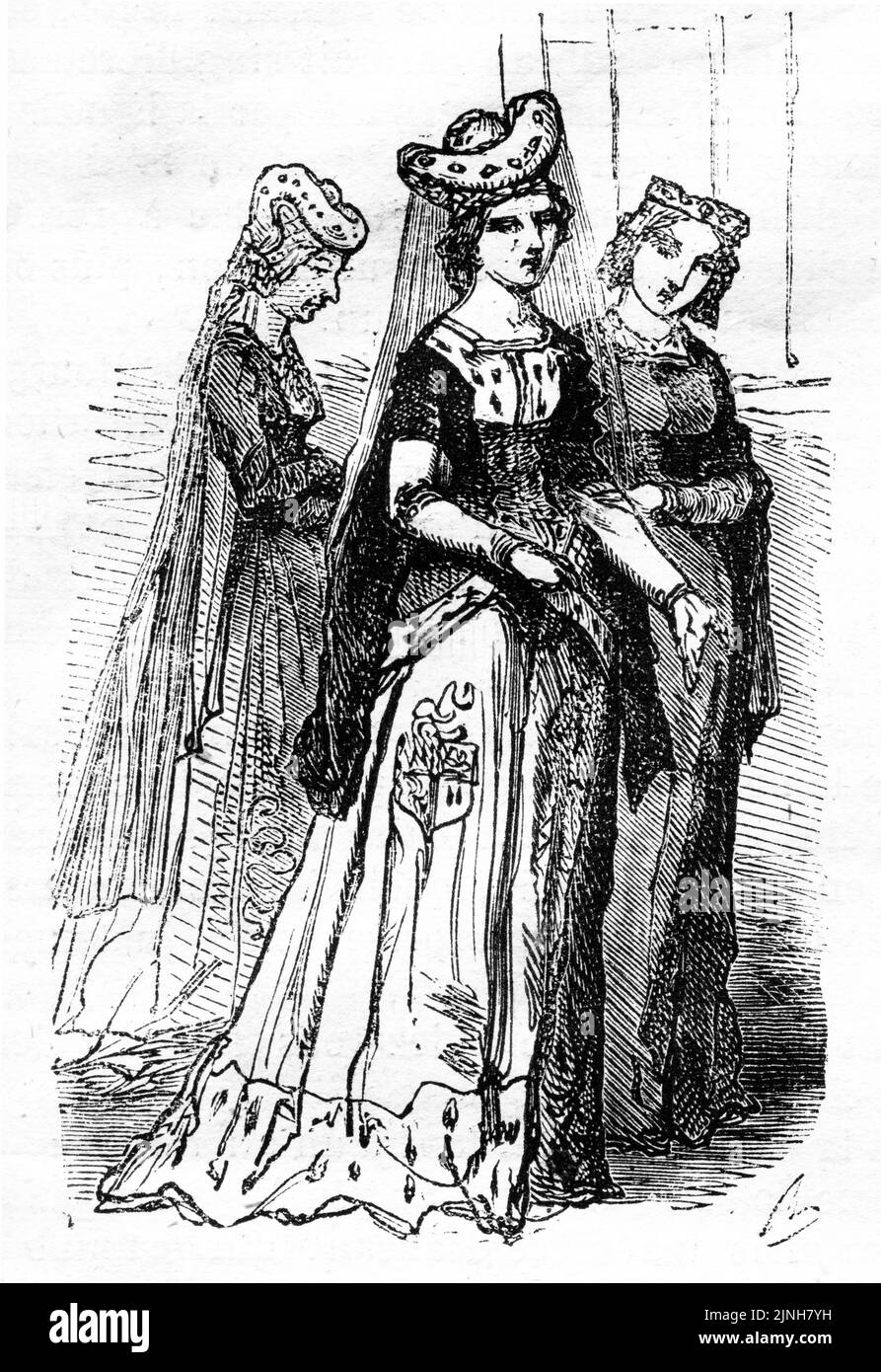 Modische französische Damen aus dem Mittelalter Stockfoto