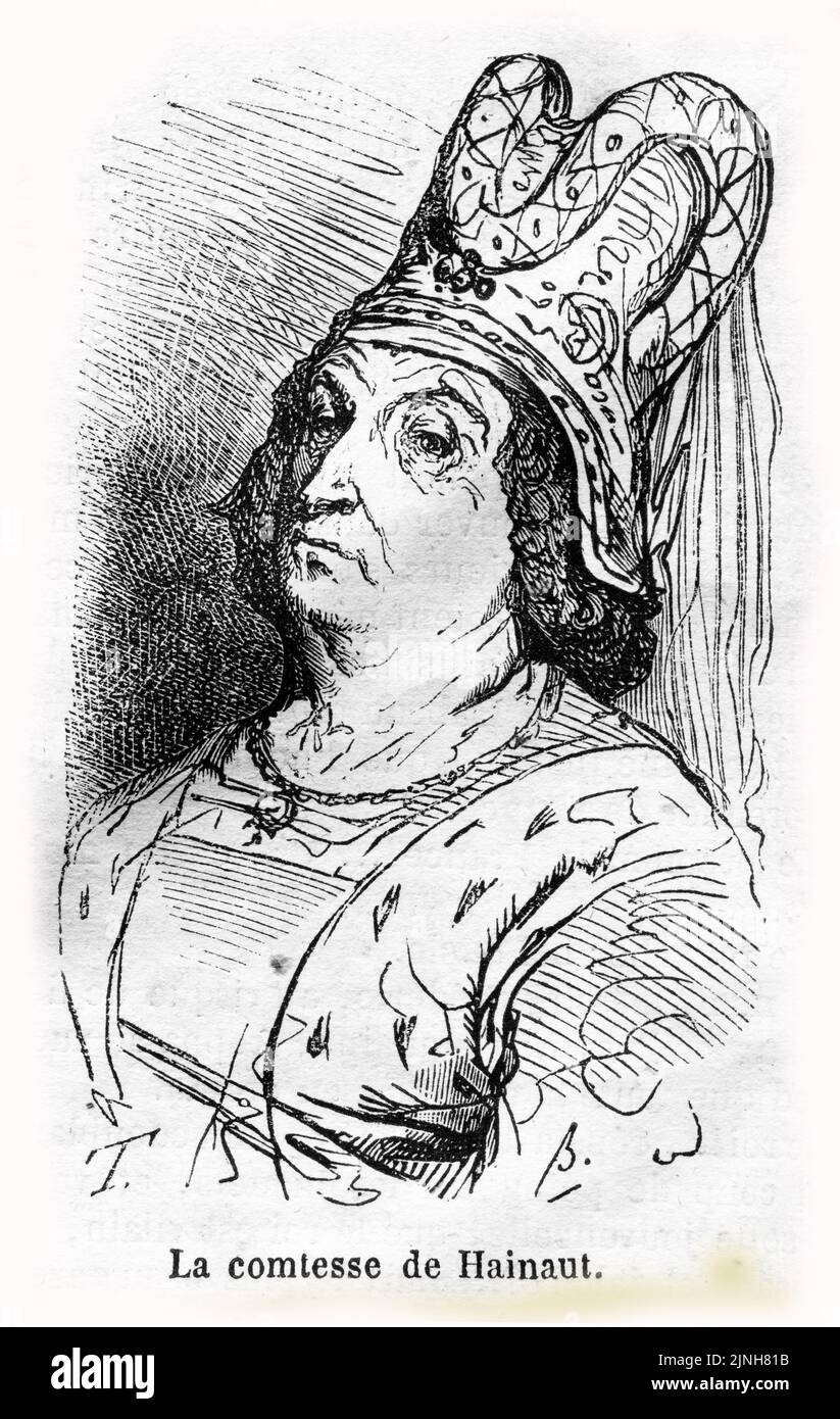Eingraviertes Porträt von Jacqueline, Gräfin von Hennegau ( 1401 – 1436), des Hauses Wittelsbach, einer Adligen, die von 1417 bis 1433 die Grafschaften Holland, Zeeland und Hennegau in den Niederlanden regierte. Zwischen 1415 und 1417 war sie auch eine kurze Zeit lang Dauphine von Frankreich und Herzogin von Gloucester Stockfoto