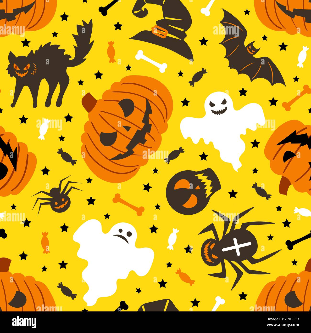 Nahtloses Muster für halloween auf gelbem Hintergrund mit Geistern, Kürbissen, Totenköpfen, Fledermäusen. Für Hintergründe, Hintergrundbilder, Stoffe. . Vektor Stock Vektor