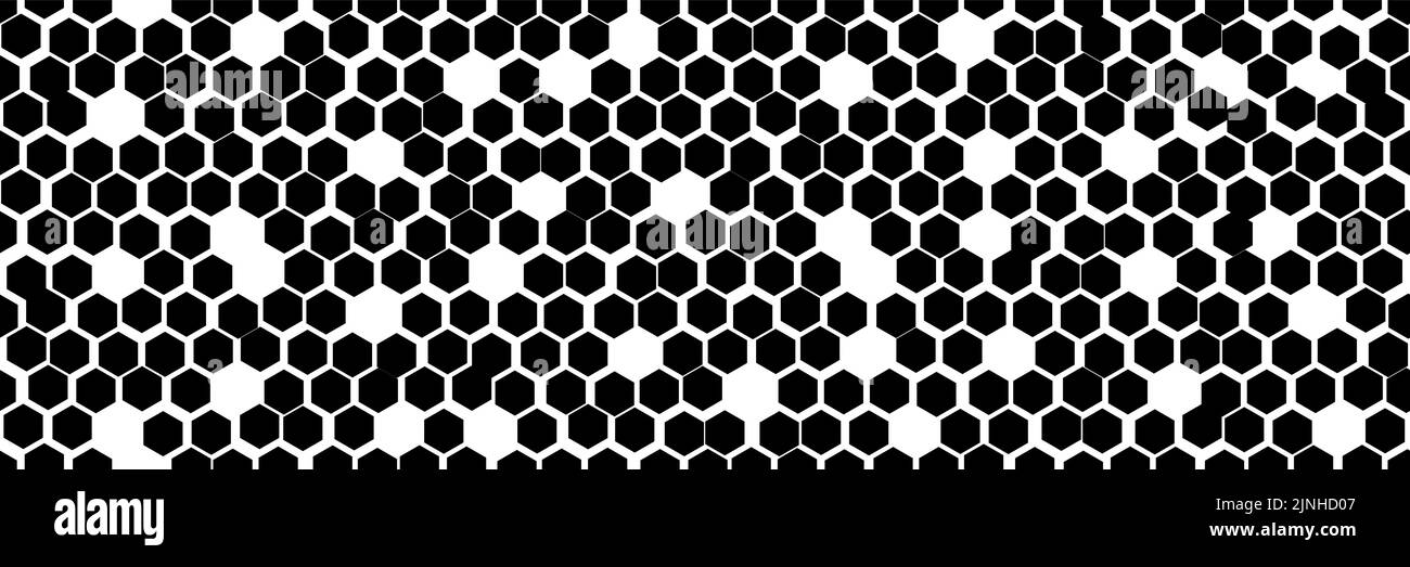 Unebenes schwarz-weißes Wabenmuster mit einfachen, nahtlosen Mustern und Aushöhlungen. Unregelmäßige Struktur der Hive-Zellen. Abstrakter Vektorhintergrund mit Hexagon-Geometrie. Stock Vektor